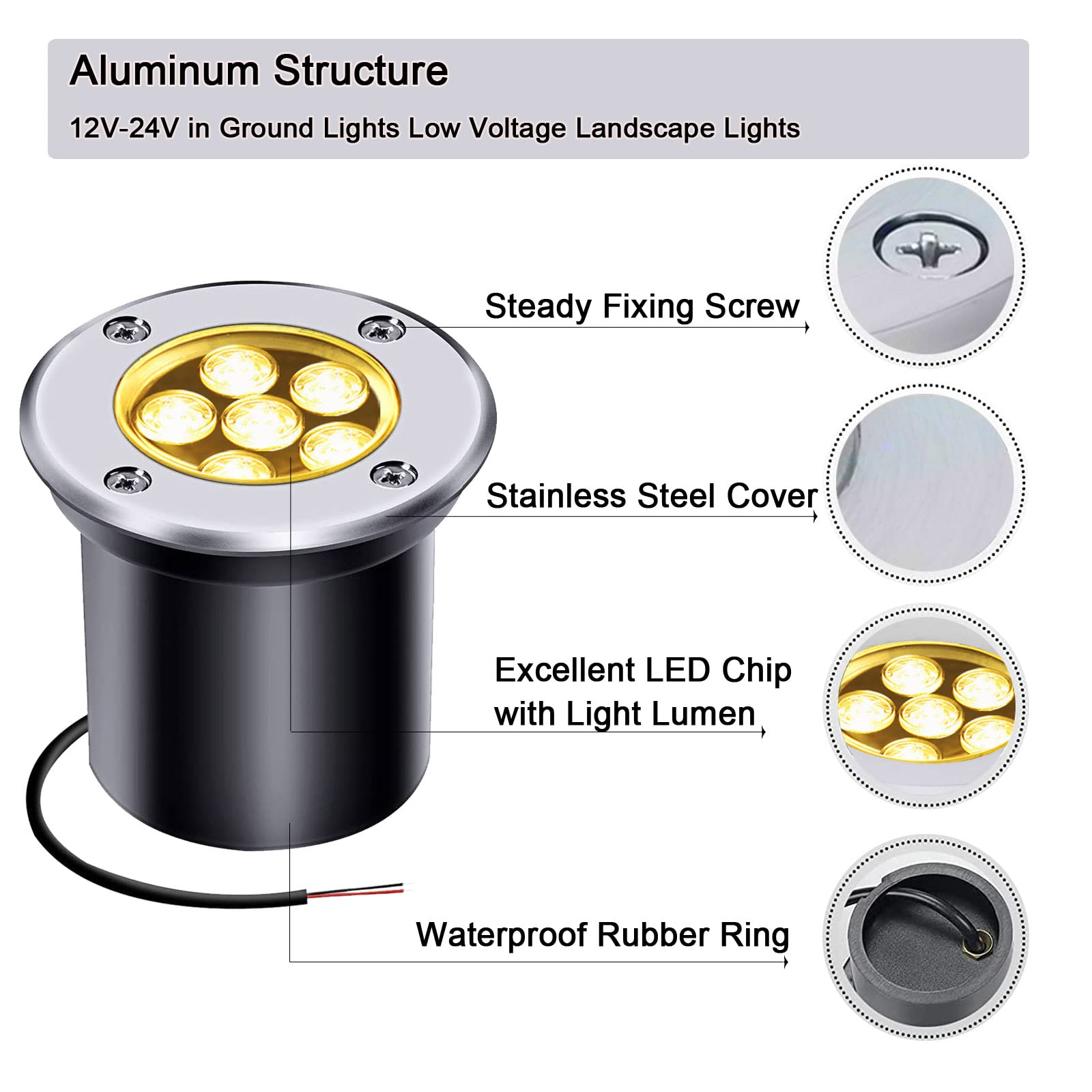 Low Voltage LED Landscape Lights 6W 12V-24V IP67 Waterproof for Driveway, Garden & Pathway - Warm White