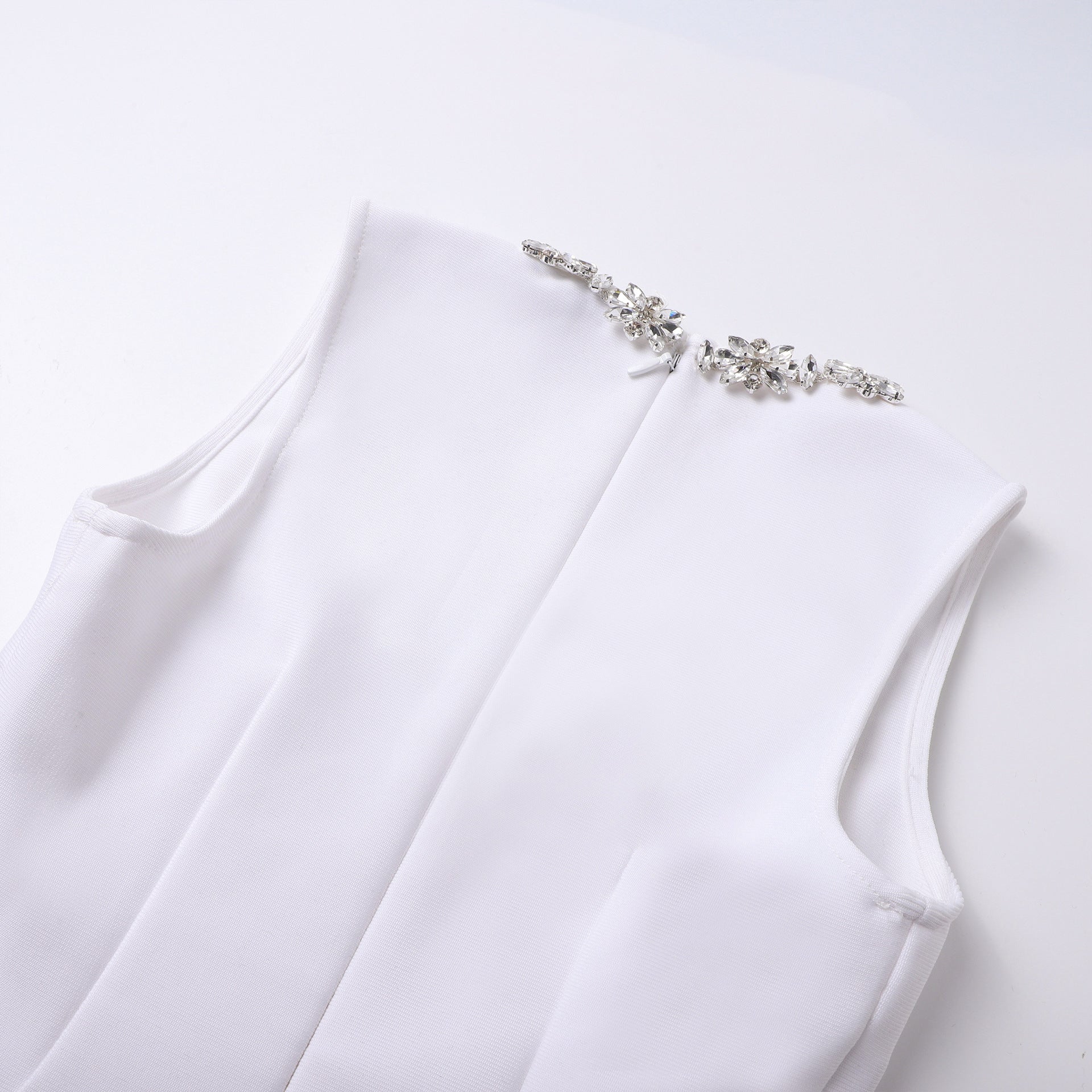 Elegant White Square Neck Crystal Embellished Mini Dress for Women | Perfect for Parties, Weddings & Special Occasions