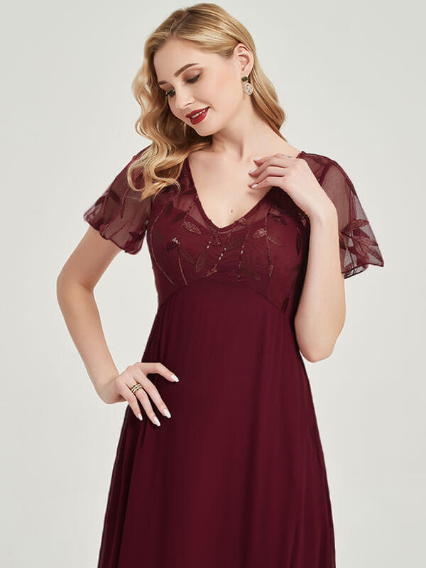 Burgundy Leaf Sequined V-Neck Ruffle Sleeves Chiffon Evening Dress for Women - Elegant Party Gown for Prom, Wedding, Cocktail & Formal Events
