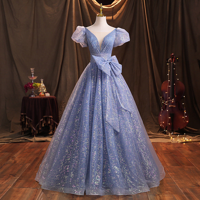 Elegant Blue Birthday Party Gown with Bow Tie - Long Formal Prom Dress for Women - Perfect for Special Occasions, Evening Events & Homecoming Dances