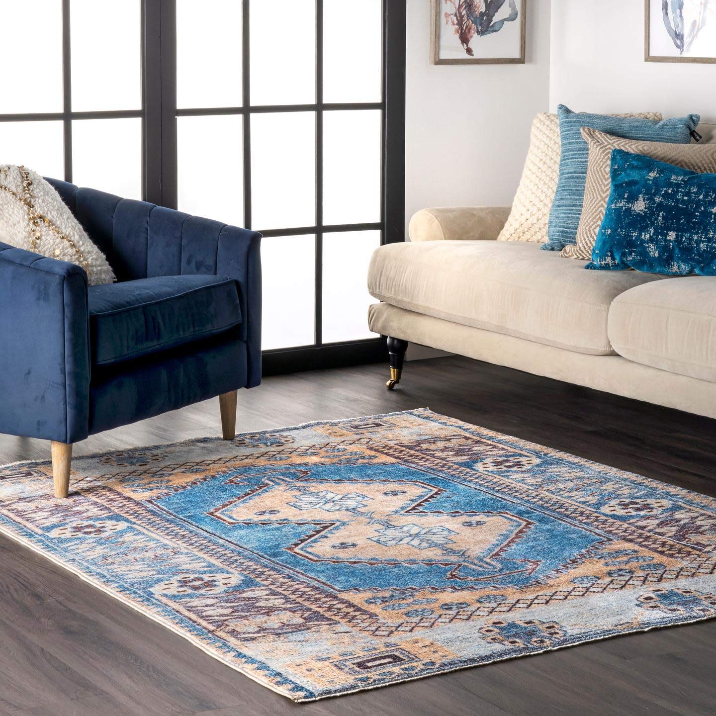 nuLOOM Kai Gemini Medallion Blue Area Rug 5x6 Feet - Soft Non-Slip Living Room Rug for Bedroom, Dining Room & Home Decor