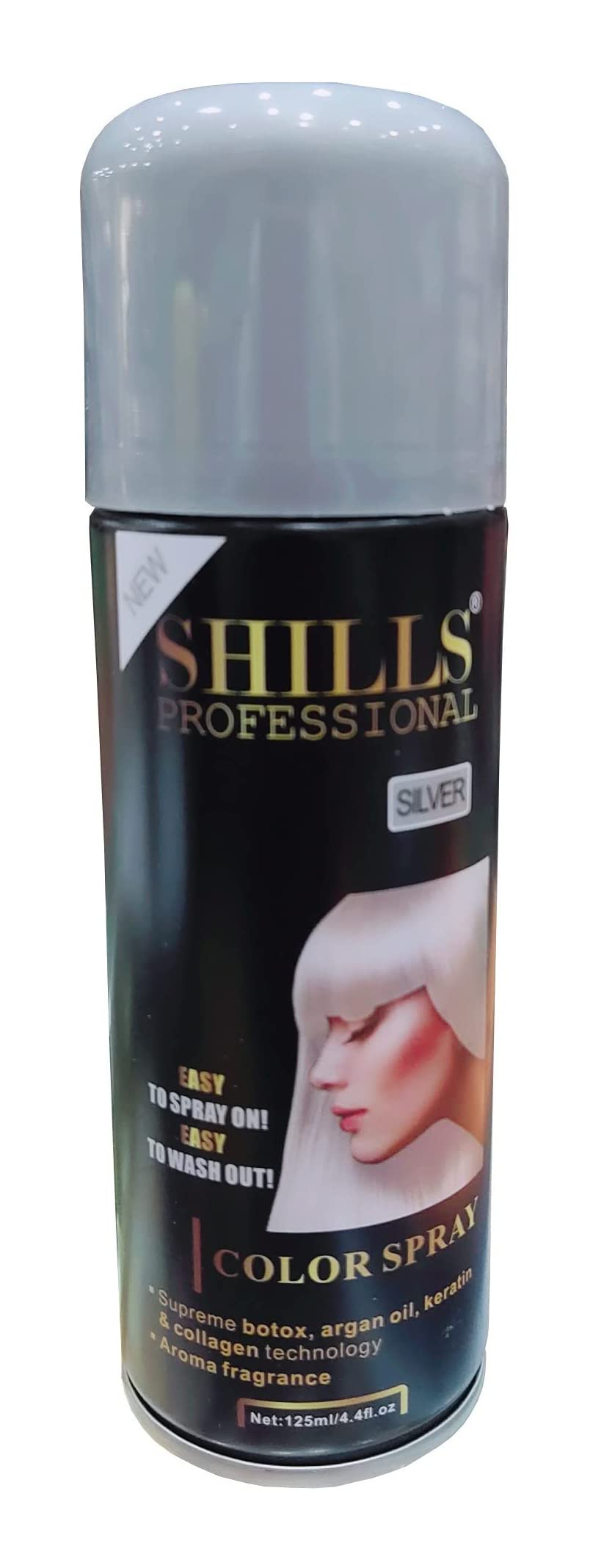 SHILLS PROFESSIONAL Temporary Hair Color Spray - Silver (125ml) | Washable Hair Dye for Parties, Halloween & Cosplay | Vibrant Metallic Silver Hair Chalk Spray