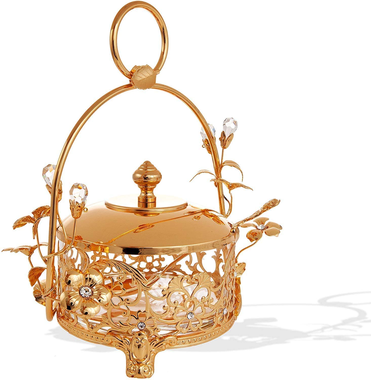 24K Gold Plated Crystal Studded Honey Candy Dish with Rose Accents - Elegant Home Decor for Christmas, Anniversary, Housewarming & New Year Gifts | Perfect for Dining Table, Kitchen Counter & Party Dessert Display