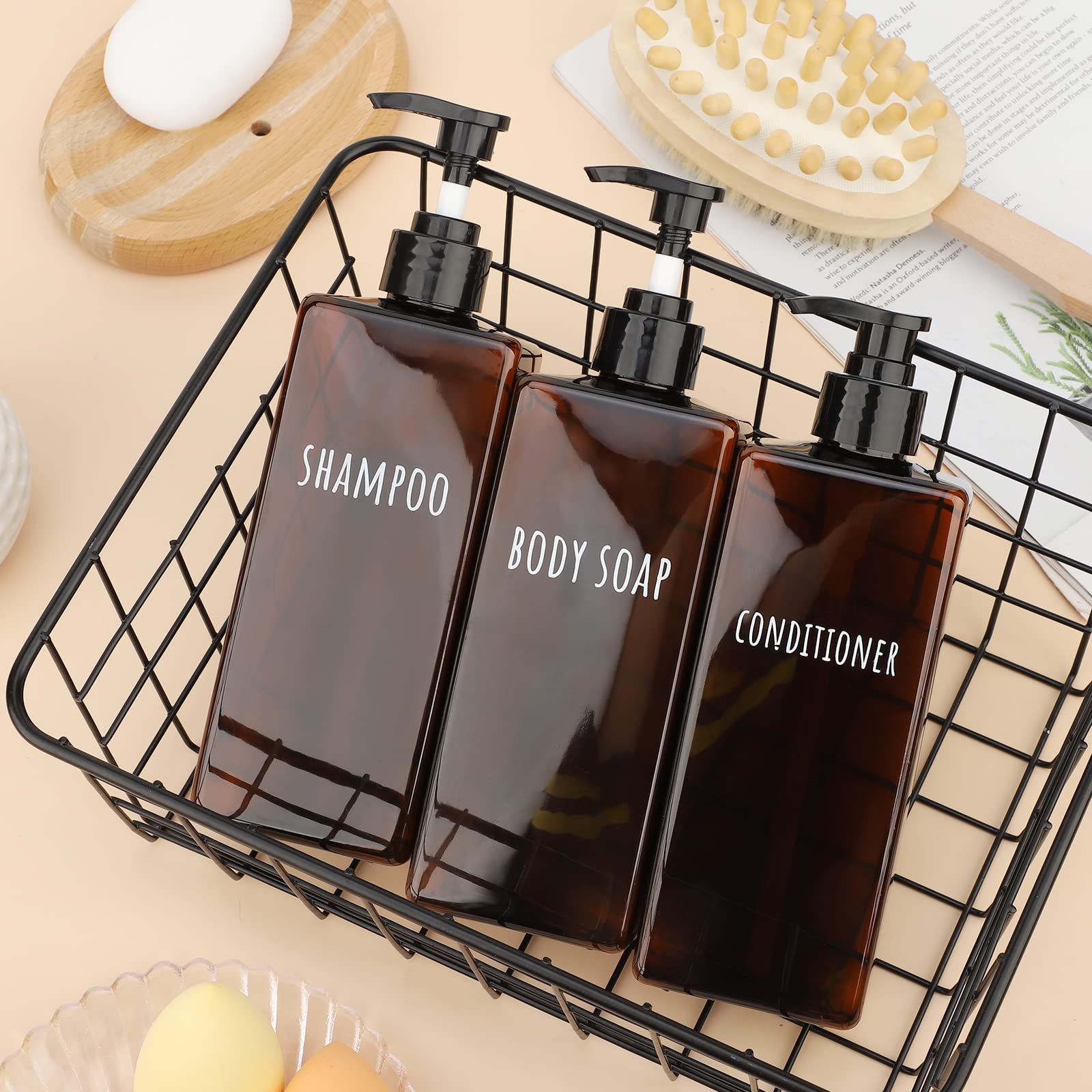 Segbeauty 16.9oz (500ml) Refillable Square Shampoo & Lotion Dispenser with Pump - 3 Pack Empty Plastic Bottles for Bathroom, Shower, Body Wash & Liquid Soap - Perfect for Home, Hotel & Travel (Amber)