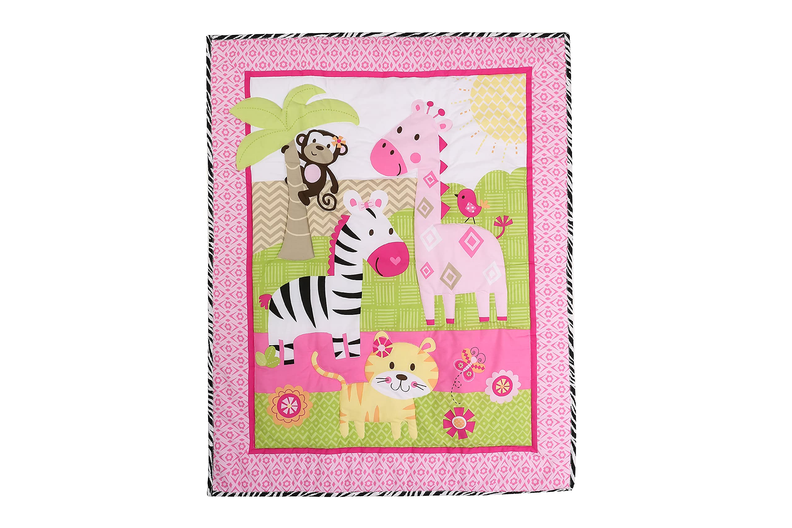 4-Piece Pink Animal Safari Nursery Crib Bedding Set for Baby Girls - Giraffe Print Crib Set with 1 Quilt, 2 Fitted Sheets & 1 Skirt - Soft Cotton Baby Bedding for Nursery Decor & Newborn Gifts