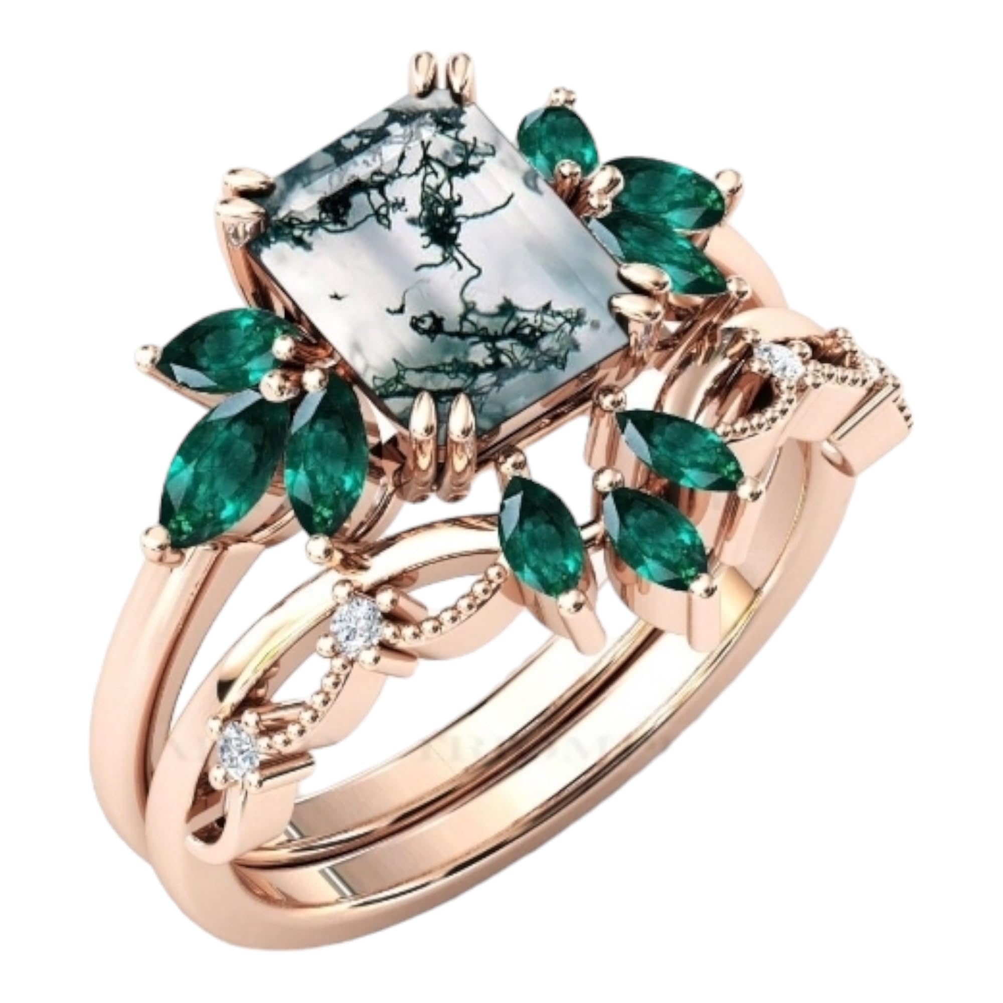 925 Silver Emerald Cut Moss Agate Wedding Ring Set for Women - Anniversary, Engagement & Promise Ring in White Gold Plated (Size 5) | Perfect for Bridal Jewelry, Gift Giving & Special Occasions