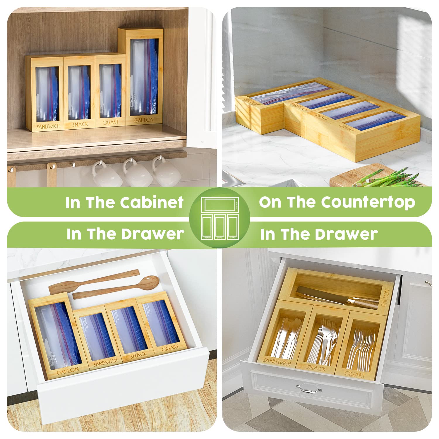 DALSHABET Bamboo Kitchen Drawer Organizer - 4 Compartment Food Storage Bag Holder for Gallon, Snack & Sandwich Bags (12x14 Inches, Beige) | Perfect for Pantry Organization & Meal Prep Storage