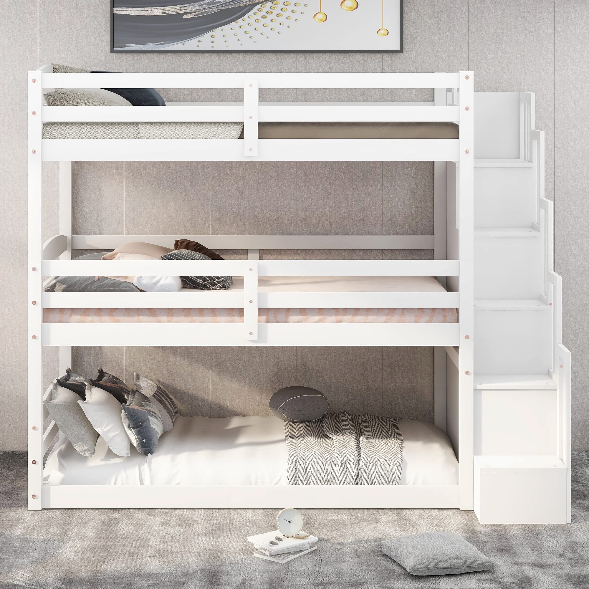 P PURLOVE Twin Over Twin Over Twin Triple Bunk Bed Frame with Storage Staircase - Convertible to Separate Bunk Beds & Platform Bed - Safety Guardrail Included - Space-Saving Kids Bedroom Furniture for Boys & Girls (White) - Perfect for Shared Rooms, Sleepovers & Small Spaces