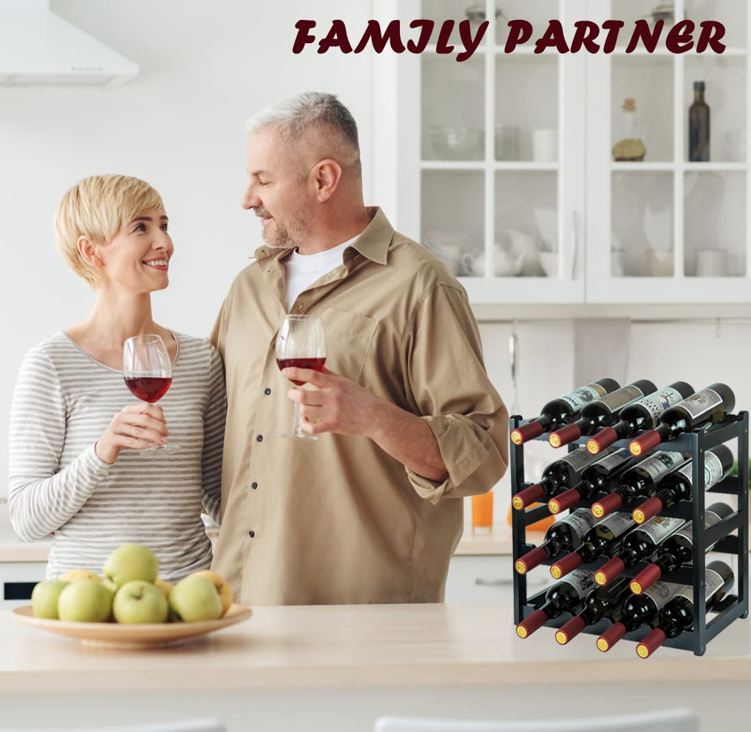 Sturdy 4-Tier Bamboo Wine Rack - Holds 16 Bottles, Durable Countertop Wine Storage Cabinet for Kitchen, Pantry & Dining Room - Black Wine Shelf Organizer for Home Bar & Entertaining