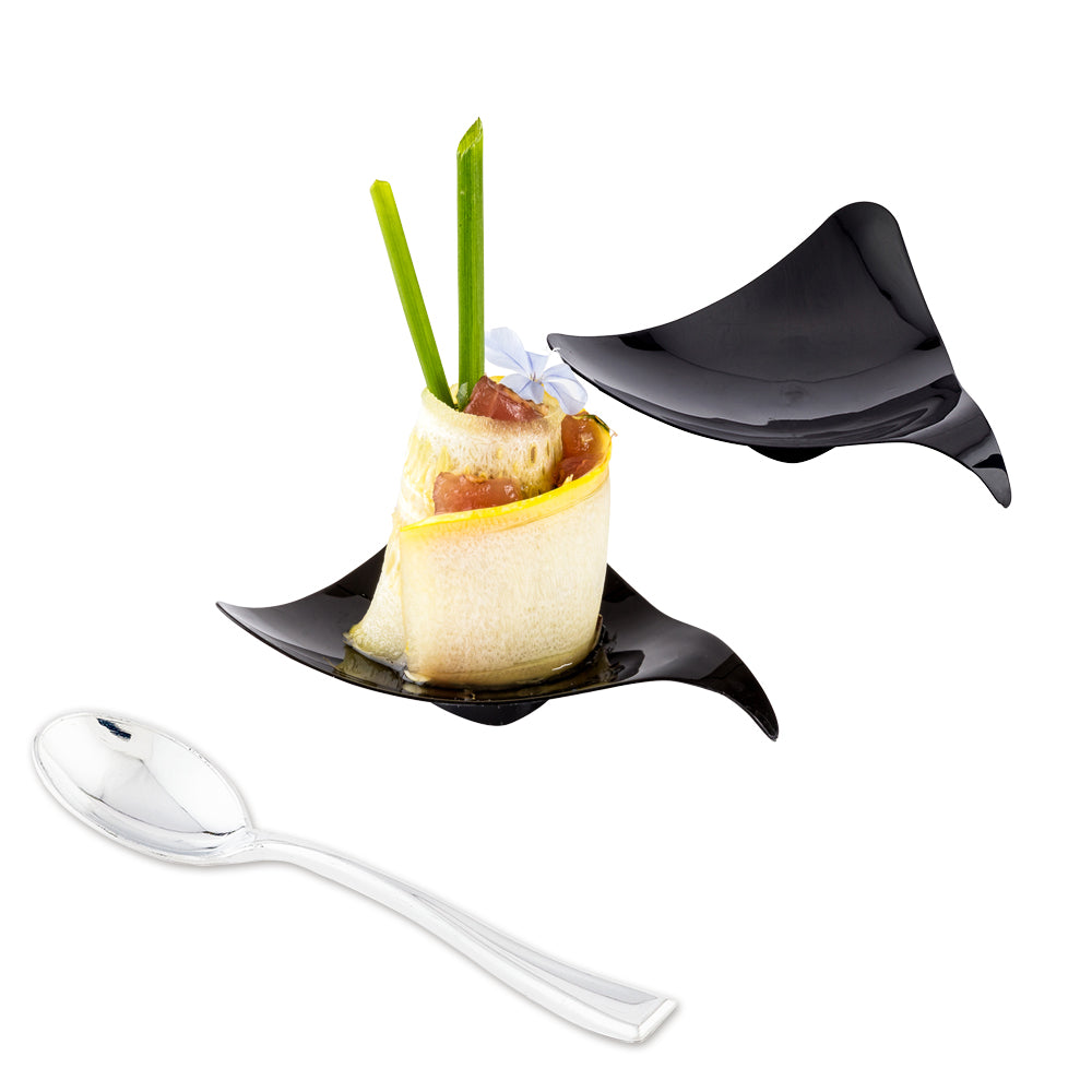 100-Pack Black Triangle Plastic Shooting Star Appetizer Plates & 100 Silver Mini Plastic Spoons for Party, Wedding, Baby Shower, and Holiday Celebrations