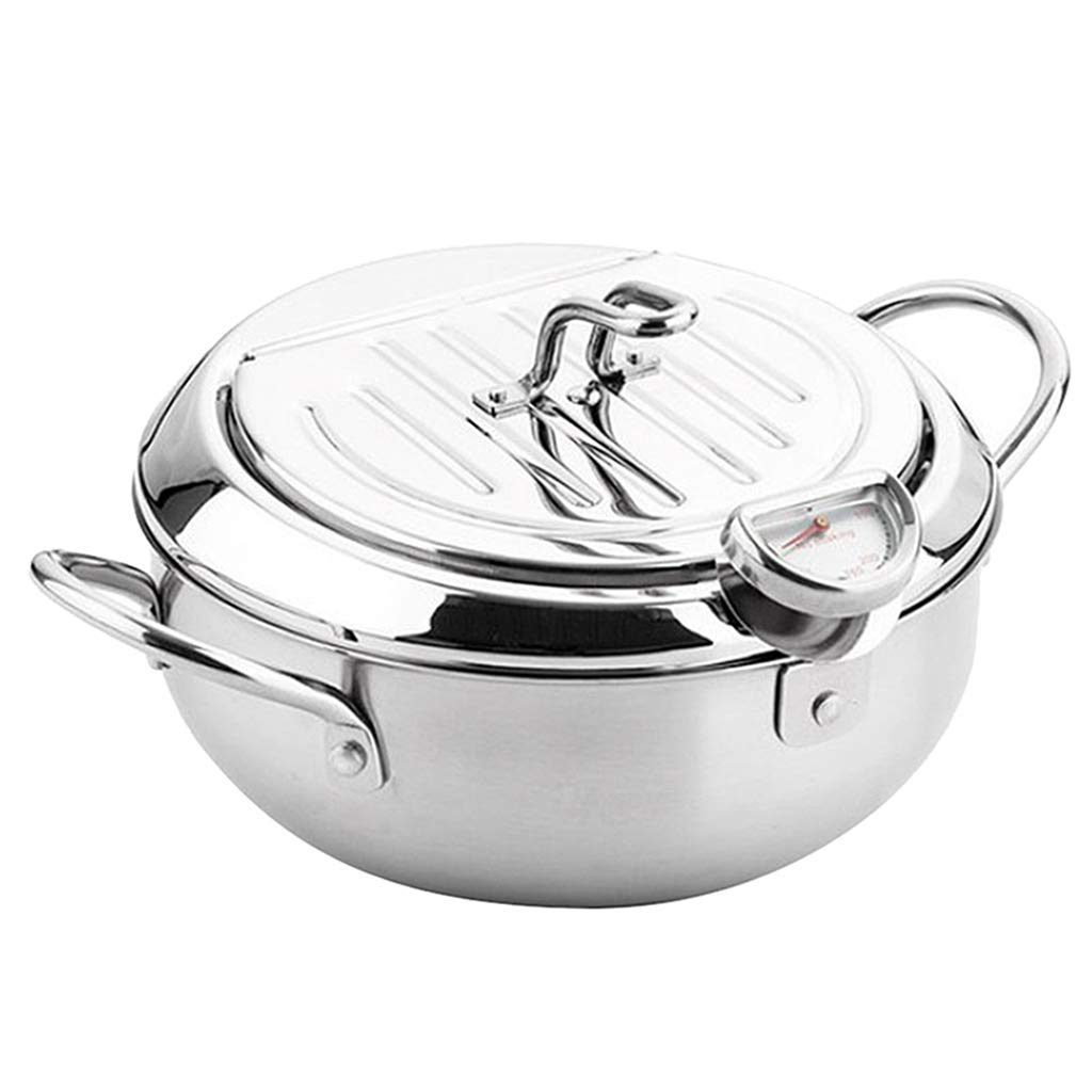 Premium Stainless Steel Deep Fryer Pot with Drainer & Thermometer - 20cm Tempura Fry Pan for Home & Restaurant Use - Perfect for Frying Chicken, Fish, Donuts & More
