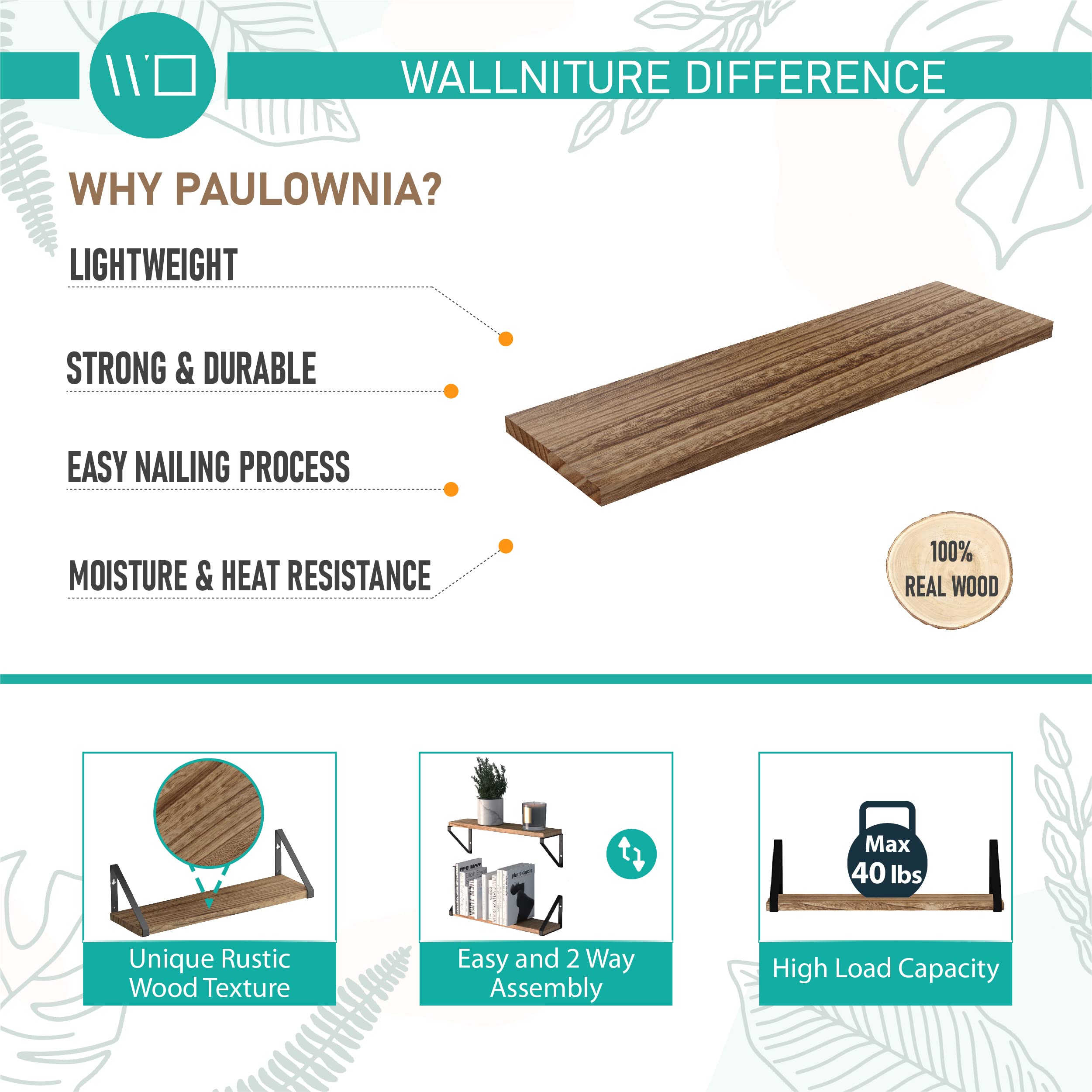 Wallniture Ponza Floating Shelves Set of 4 - Rustic Wood Wall Shelves with Metal Brackets for Bedroom, Bathroom, Living Room & Kitchen Decor | Perfect for Displaying Books, Plants & Home Decor Items