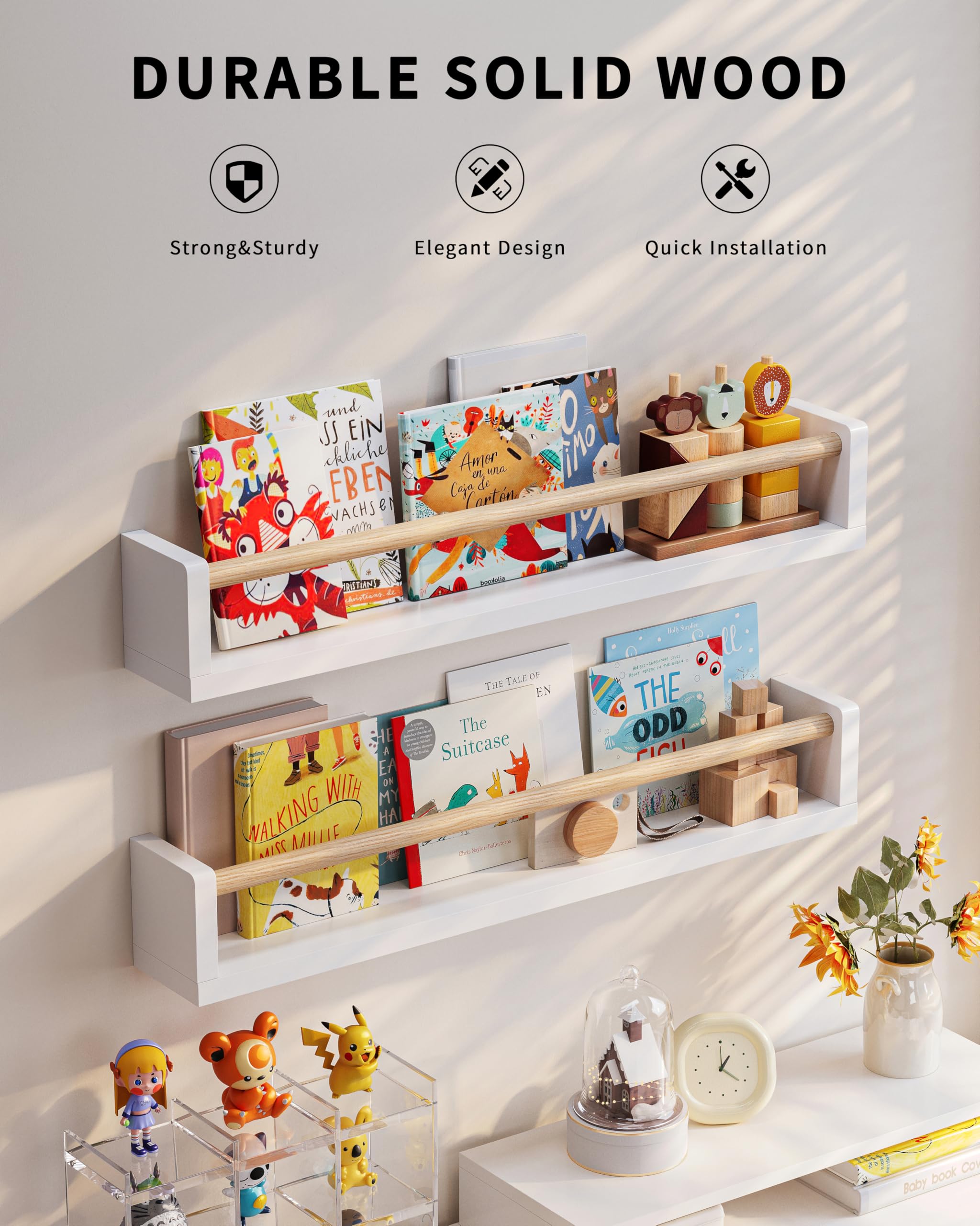 4-Pack Nursery Book Shelves - Wall Mounted Kids Book Storage for Bedroom, Playroom & Nursery Decor | Perfect for Organizing Children's Books & Displaying Toys