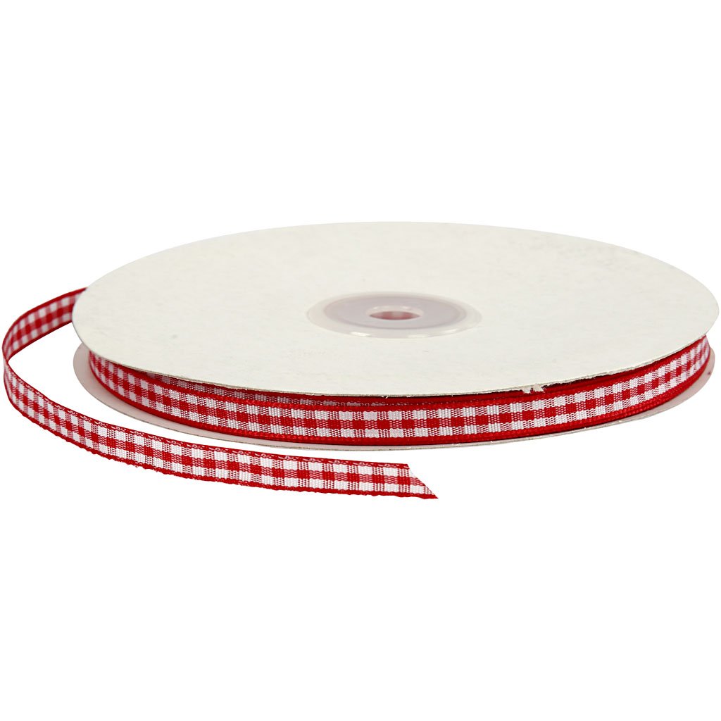 Red and White Checked Ribbon - 6mm Width, 50m Roll - Perfect for Gift Wrapping, Crafts, and DIY Decorations