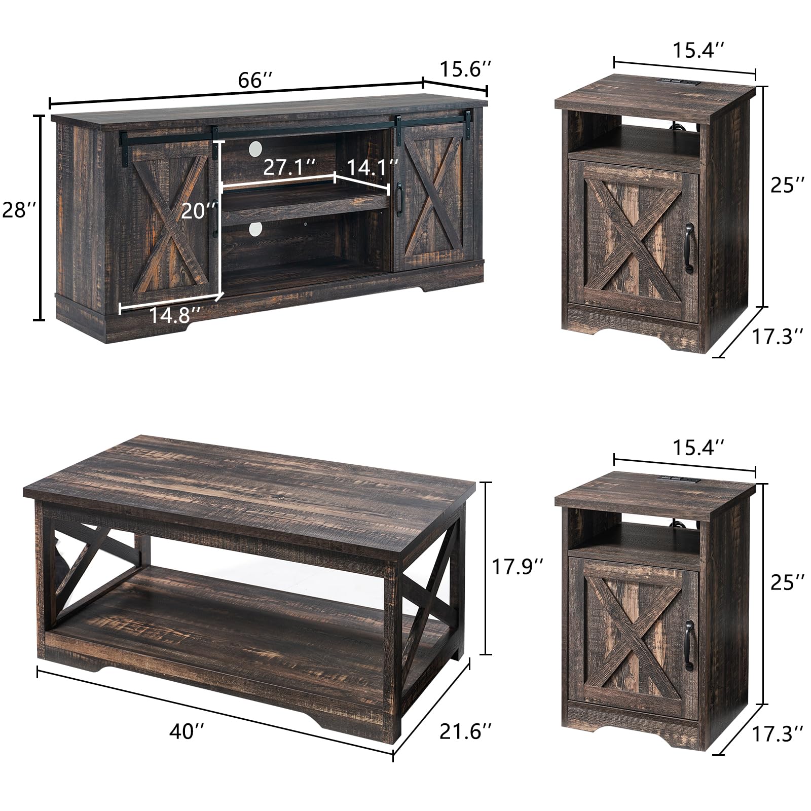 AMERLIFE 4-Piece Farmhouse Table Set - Sliding Barn Door TV Stand, Coffee Table & 2 End Tables with Charging Station & USB Ports - Dark Oak 66
