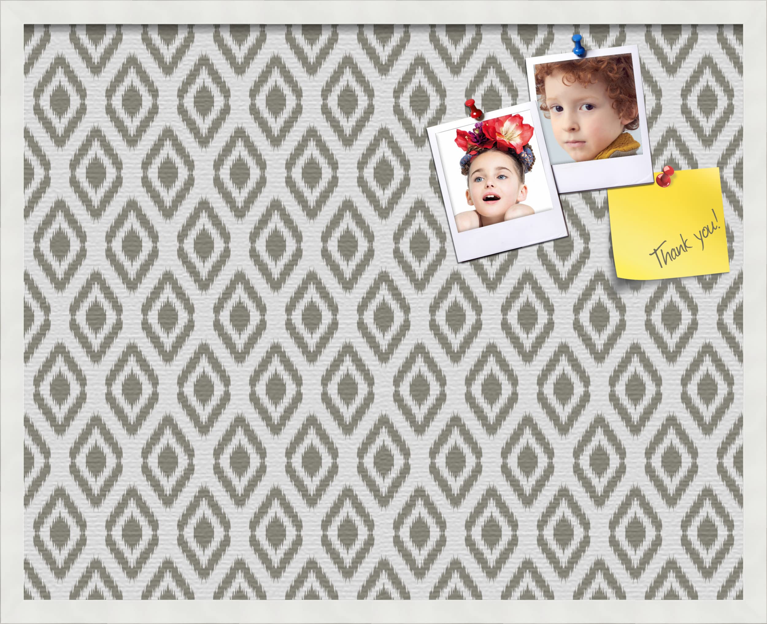 PinPix 30x24 Inch Cork Bulletin Board with Ikat Pewter Design & Satin White Frame - Stylish Decorative Pin Board for Home Office Decor, School Classroom, Dorm Room Organization & Message Display
