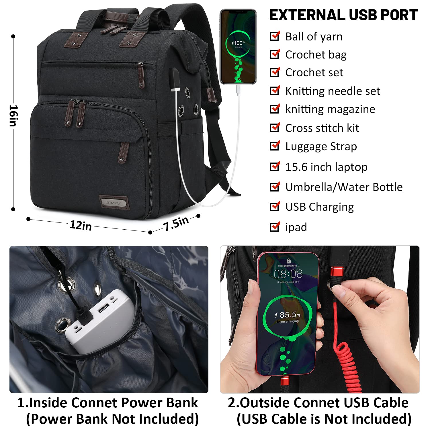 Crochet Backpack with USB Port - Yarn Storage Organizer for Travel & Knitting