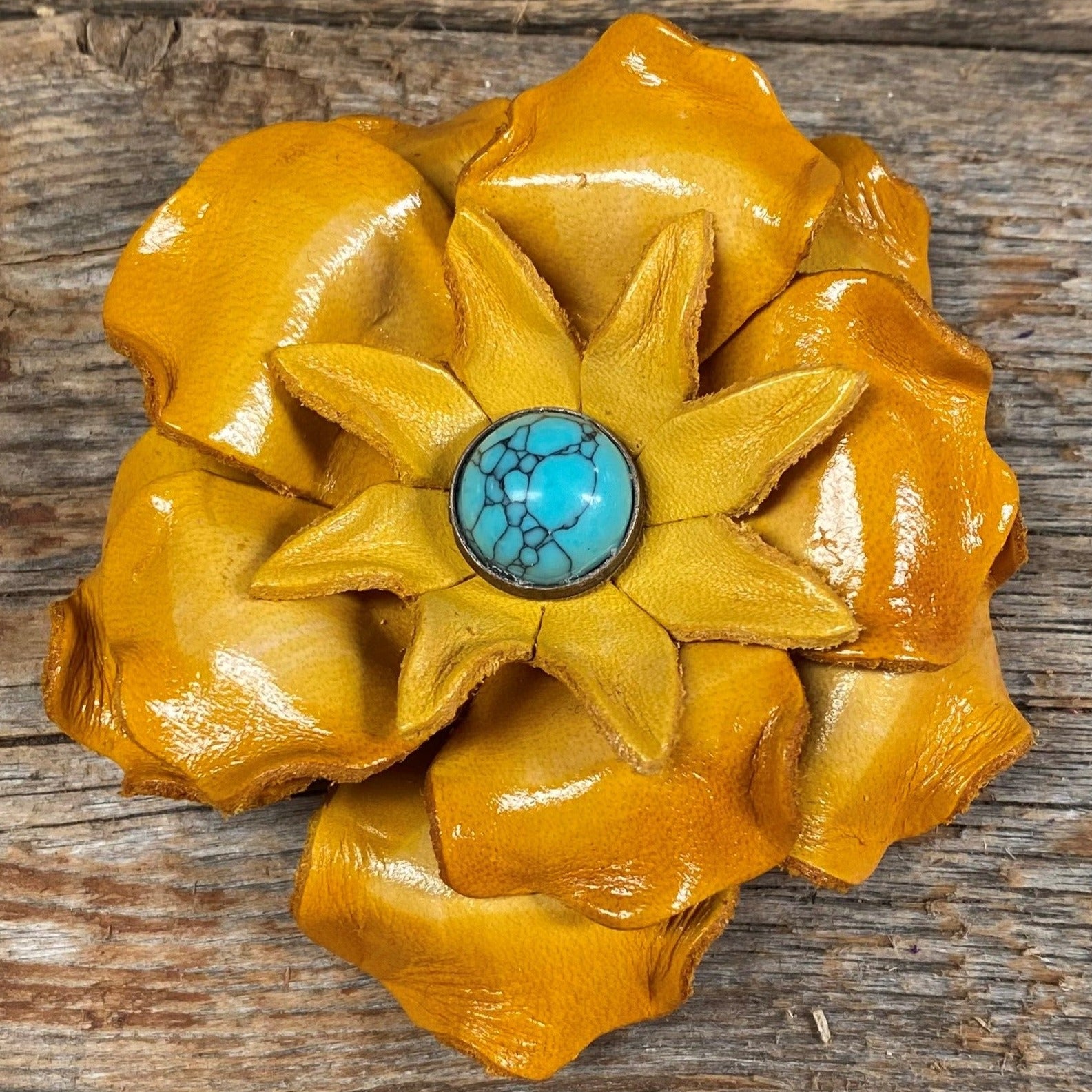 Hand Painted Leather Gardenia Flowers with Round Turquoise Cabochons - Elegant Home Decor, Wedding Bouquets & Bohemian Jewelry Making Supplies
