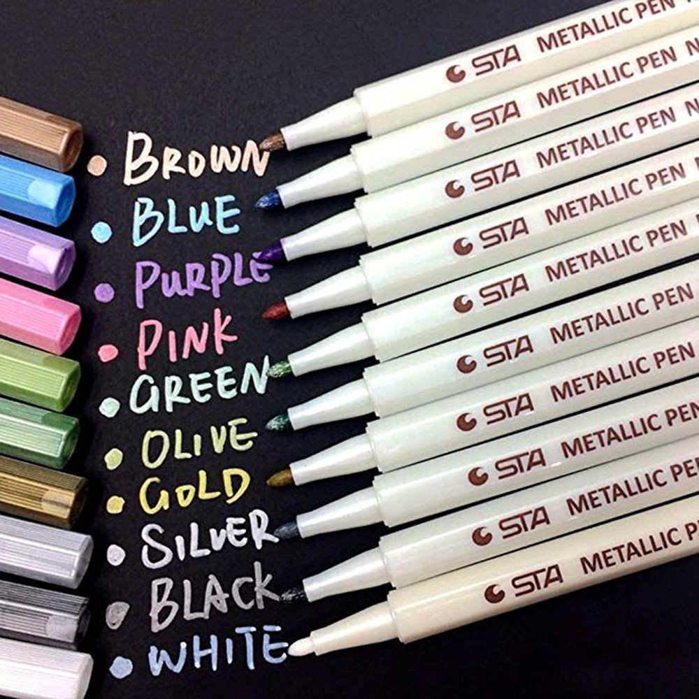 Premium Metallic Marker Pens Set of 10 - Fine Tip Paint Markers for Black Paper, Glass, Rock Painting & Card Making - Vibrant Colors for DIY Crafts, Art Projects & Home Decor