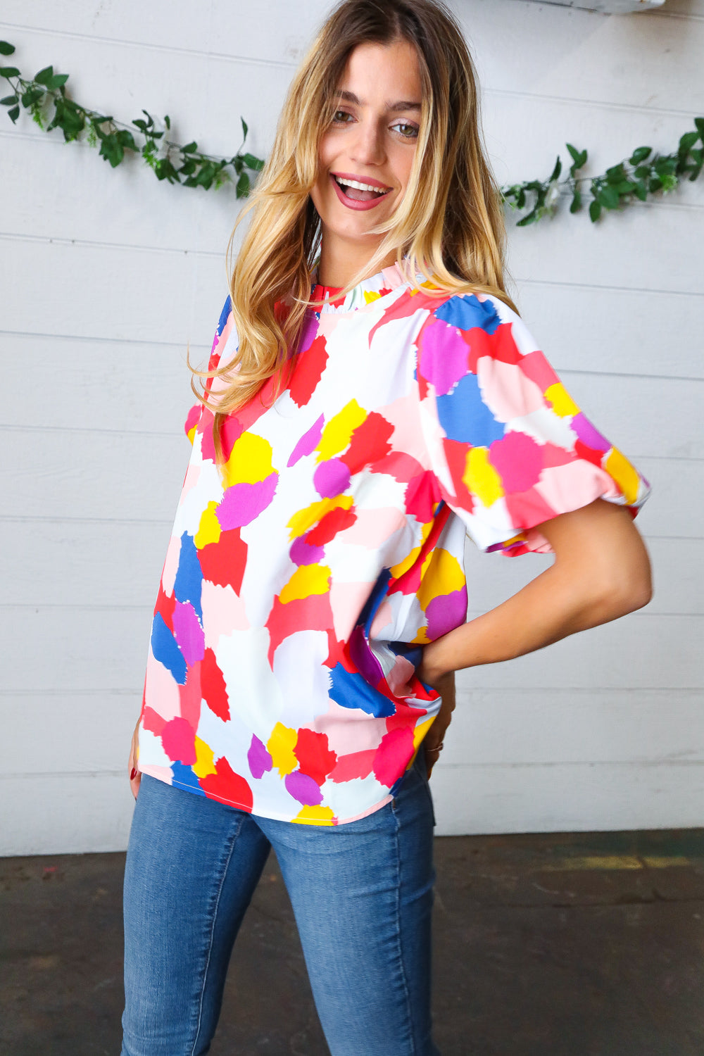 Stylish Multicolor Print Frilled Mock Neck Puff Sleeve Blouse for Women | Trendy Party & Date Night Outfit | Casual & Dressy Tops for Spring Summer Fashion