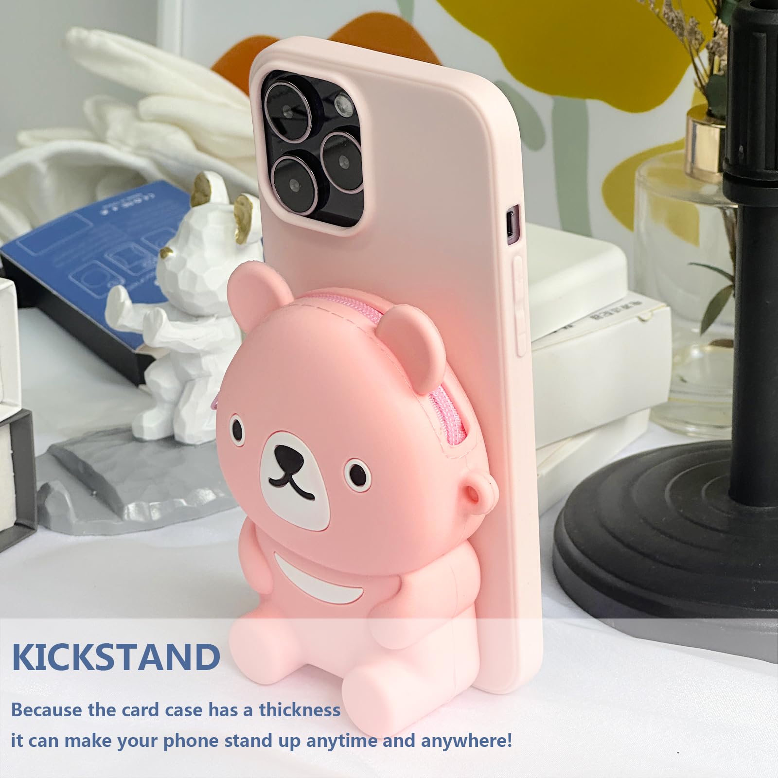 **UnnFiko 3D Cartoon Bear Wallet Phone Case for iPhone 11 Pro Max - Soft Silicone Protective Cover with Card Holder & Stand - Cute Purse Design for Women & Girls (Pink) - Perfect for Daily Use, Shopping & Travel**