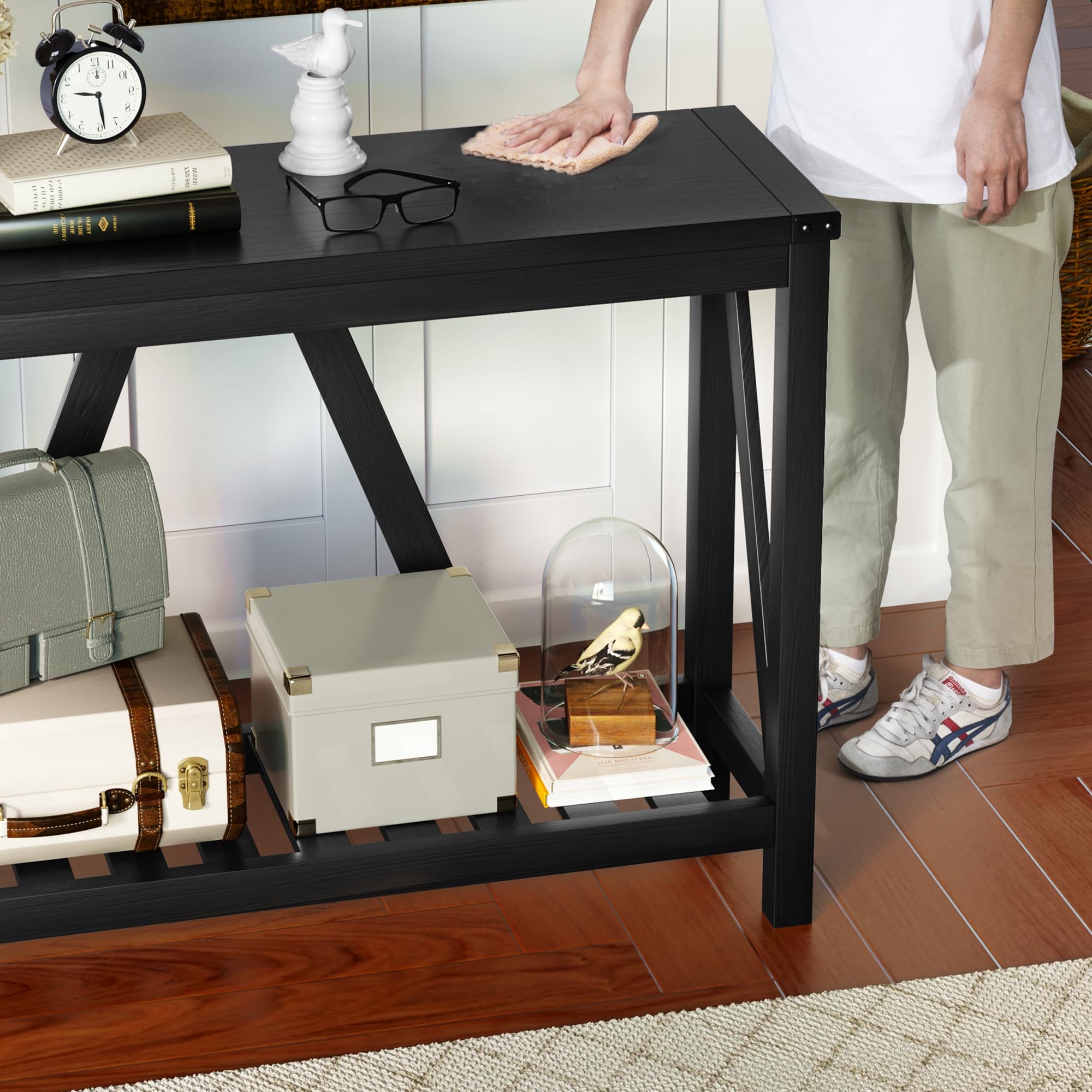 Farmhouse Style Wooden Entryway Console Table with Storage Shelves - Rustic Sofa Table for Living Room, Hallway, Foyer - Black Finish (1PC) - Perfect for Small Space Organization & Home Decor