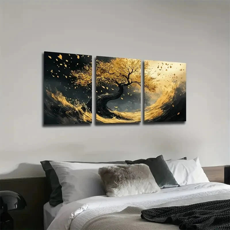 Noble Black and Golden Tree Wall Art Set - 3pc Framed Canvas 40x60cm | High Quality Print | 100% Australian Made | Ready to Hang | Perfect for Living Room, Bedroom & Office Decor