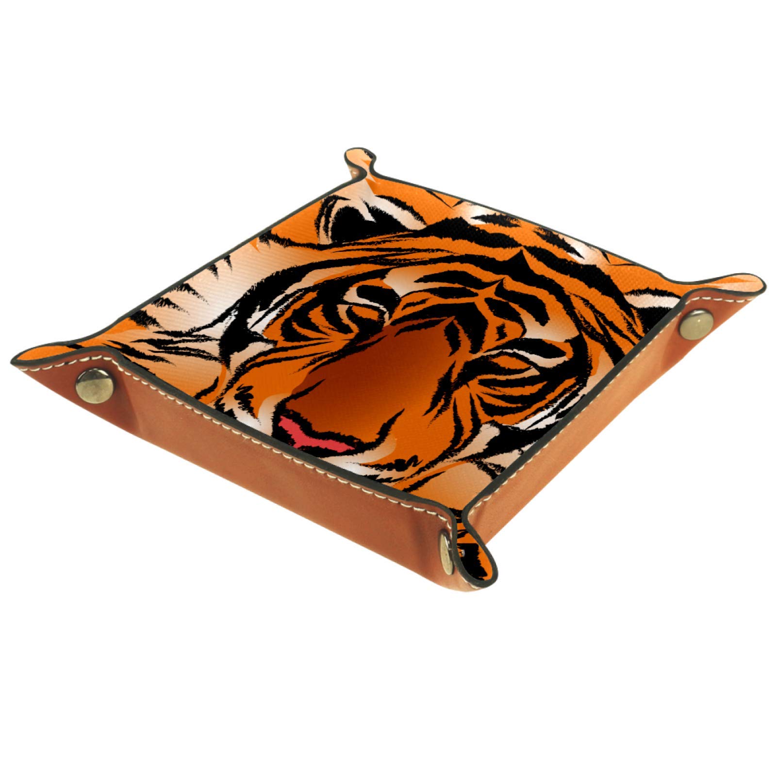 Men's PU Leather Jewelry Organizer Tray with Snap Buckle - Bedside Storage for Keys, Wallet, Coins & Travel Essentials - Bengal Tiger Stripe Design for Home & Office Use