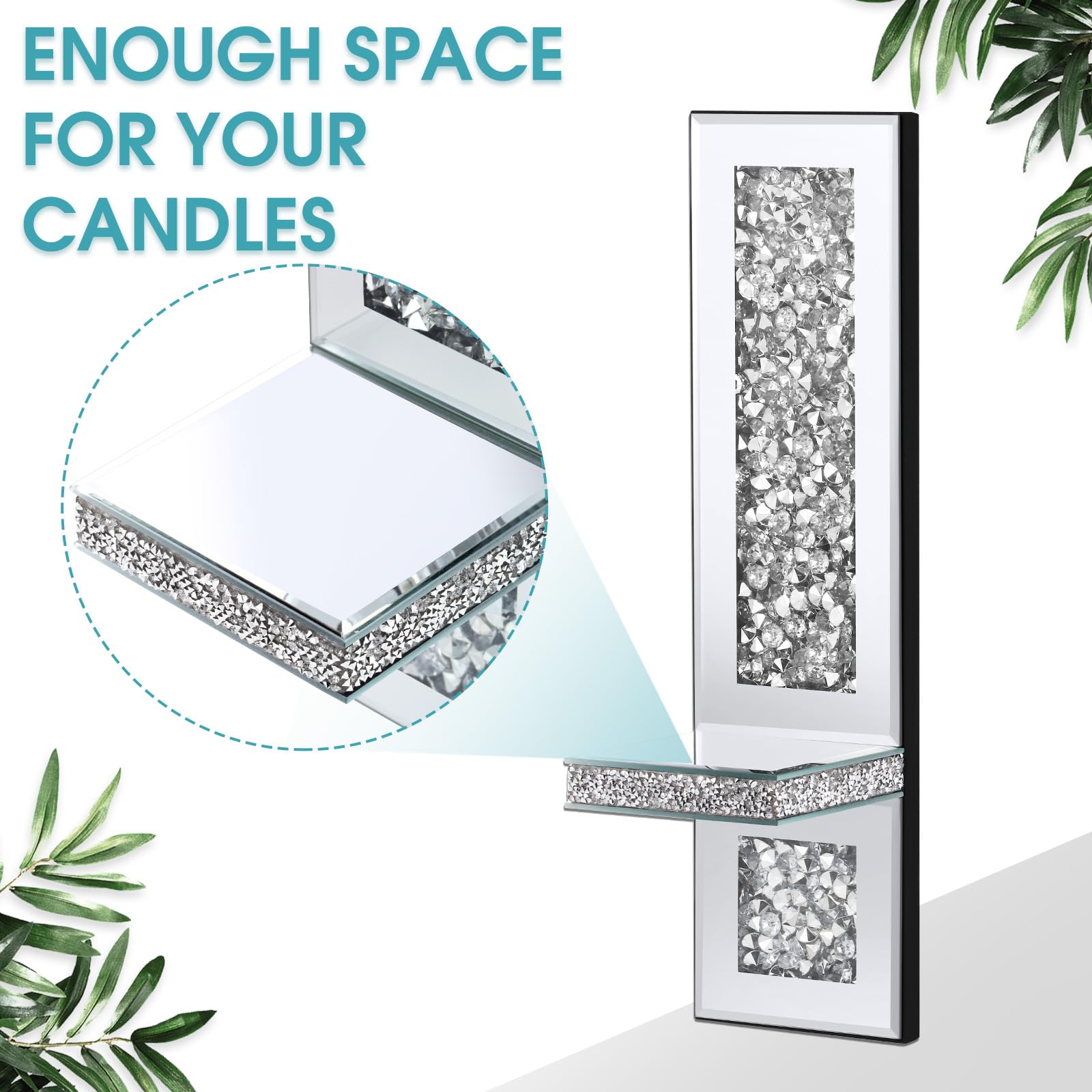 Hsei Set of 4 Silver Mirrored Crystal Crush Diamond Wall Candle Holders - 17.3 x 6.3 Inch Rectangle Candle Sconces for Living Room, Dining Room, Bedroom - Elegant Home Decor for Weddings, Parties & Romantic Ambiance