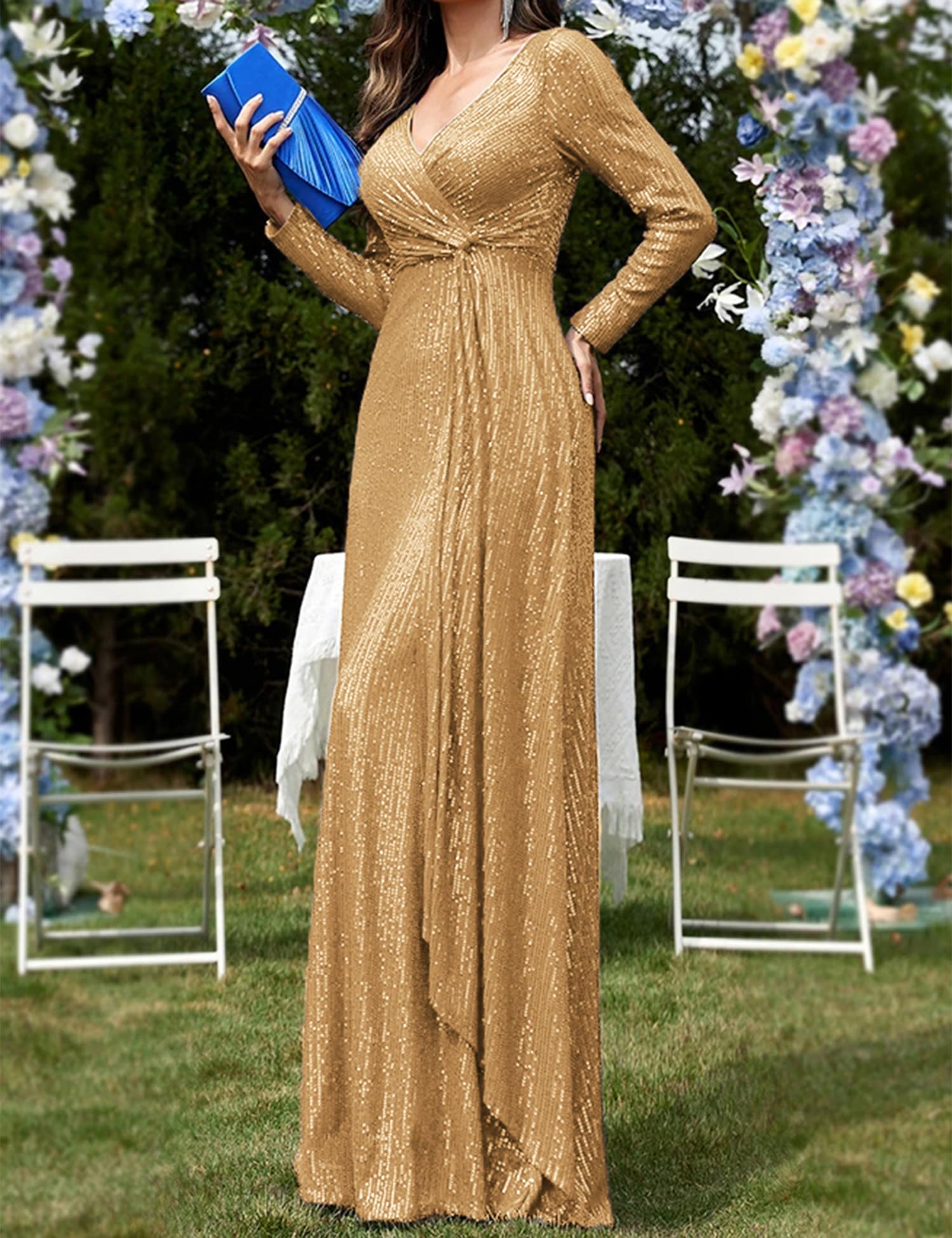 Sparkly Long Sleeve Sequin Evening Gown for Women - Elegant V-Neck Formal Maxi Dress for Prom, Wedding & Holiday Parties