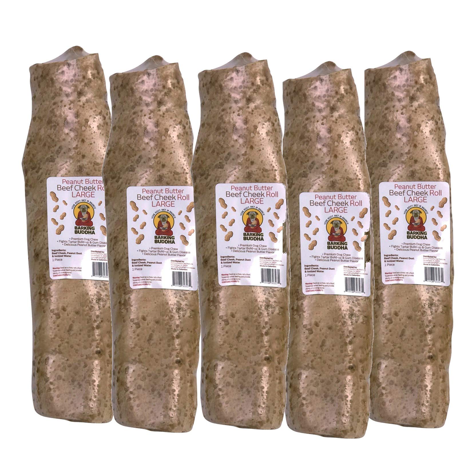 Premium All-Natural Beef Cheek Rolls for Dogs - Thick Rawhide-Free Chew Sticks with Peanut Butter Flavor | Large 10-12 Inch (5 Pack) | Long-Lasting Dental Treat for Aggressive Chewers & Puppy Teething Relief
