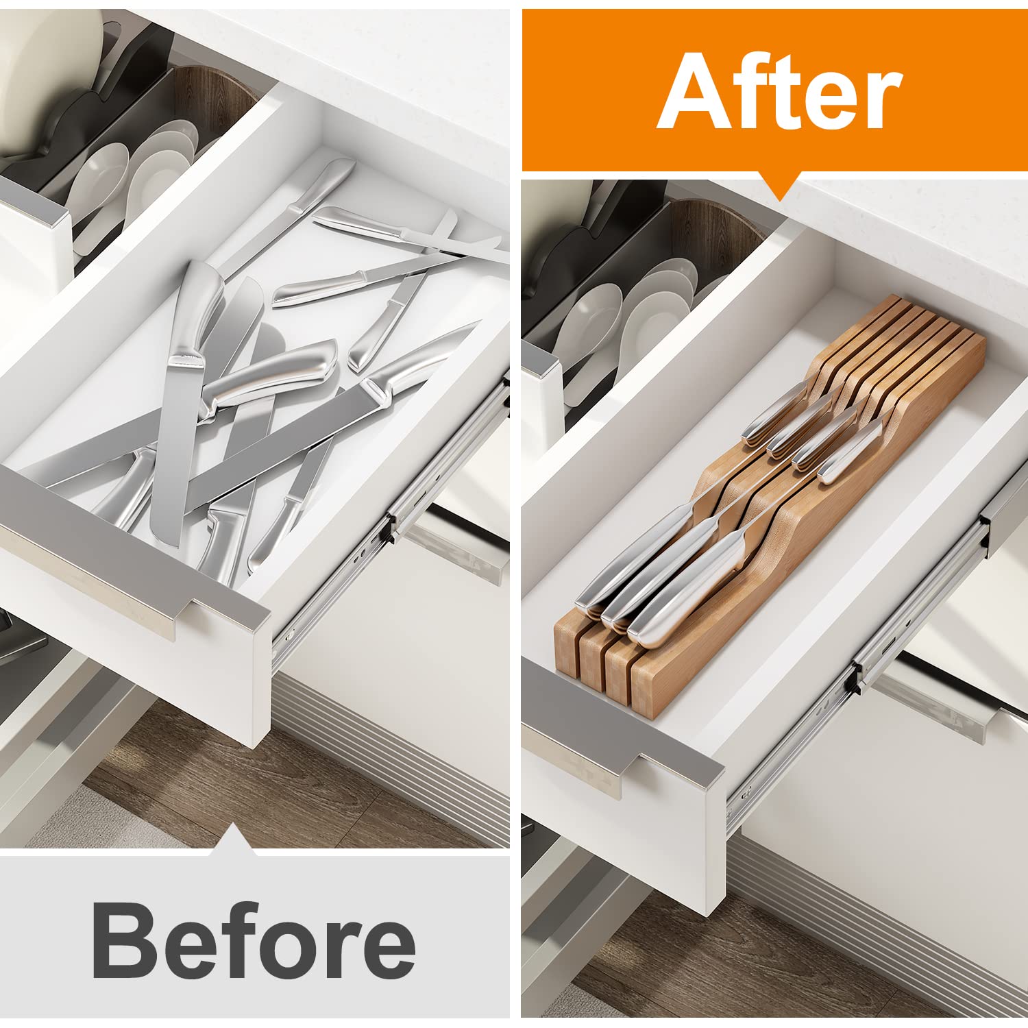 Bamboo Wood In-Drawer Knife Organizer Block - Holds 7 Knives (Knives Not Included) - Perfect for Kitchen Drawer Storage & Knife Protection