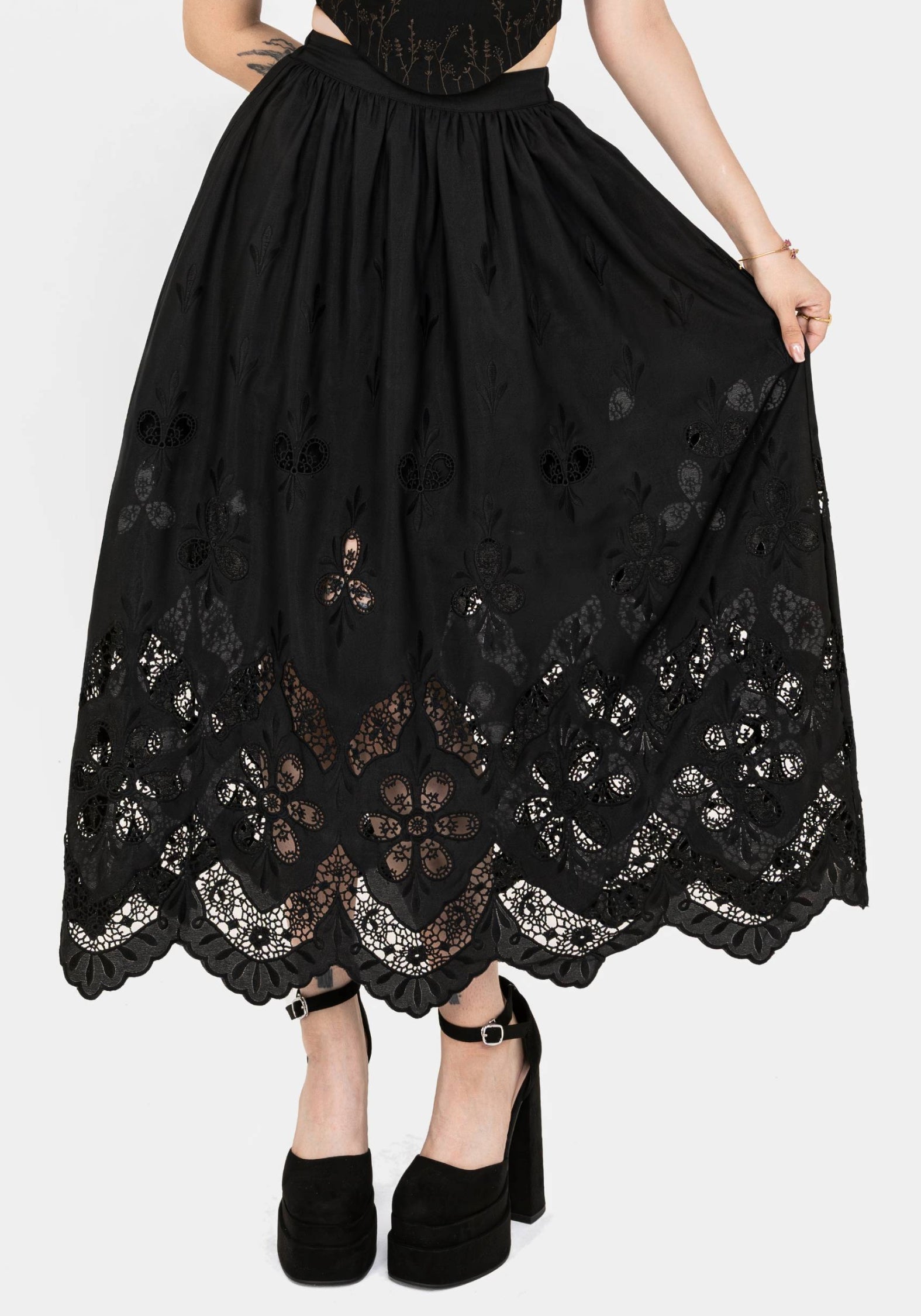 Maple Broderie Hem Maxi Skirt - Floral Embroidery Long Skirt for Women, Boho Summer Beach Skirt, Perfect for Vacations, Weddings & Outdoor Events