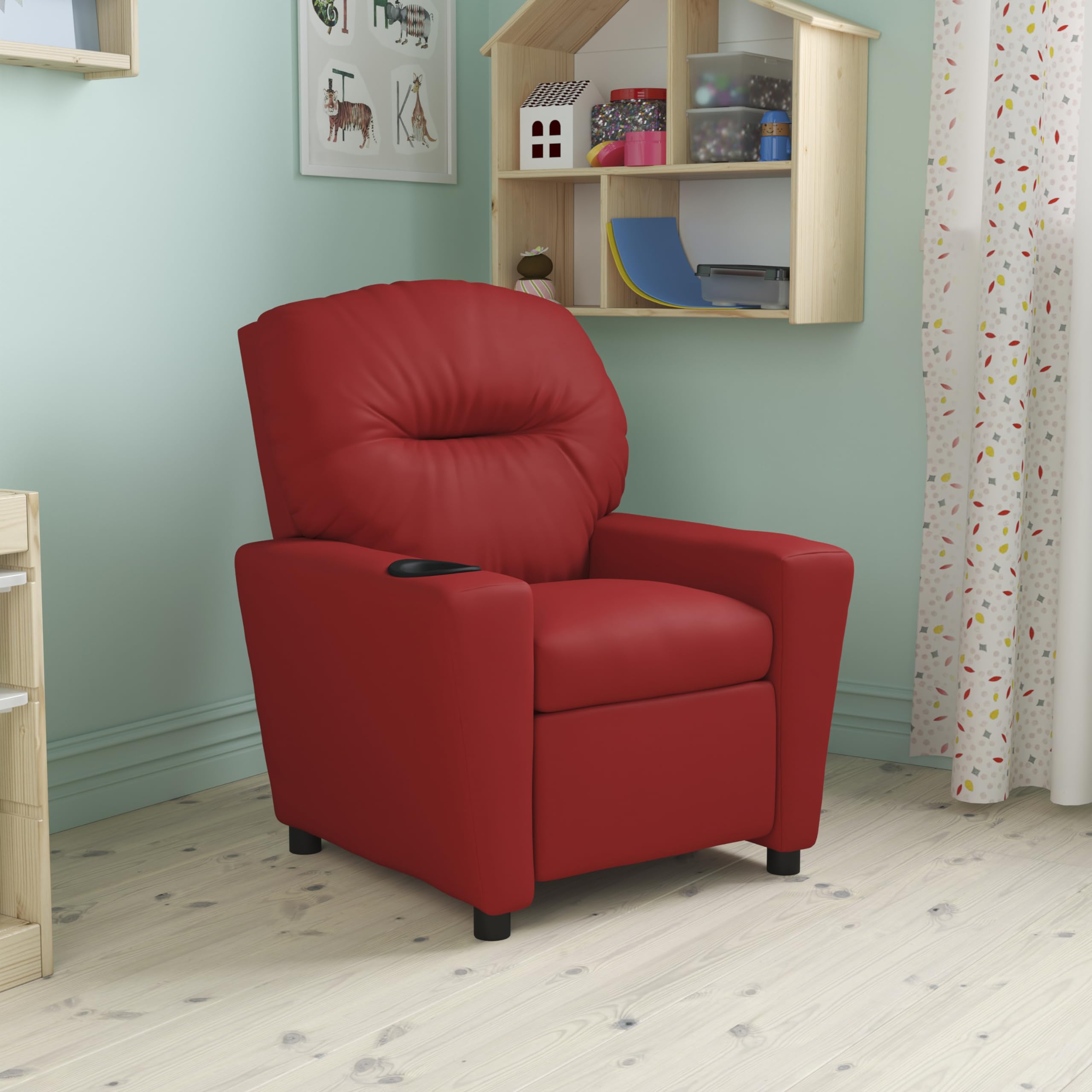 EMMA + OLIVER Red Vinyl Kids Recliner Chair with Cup Holder - Comfortable Children's Lounge Chair for Playroom, Bedroom or TV Time