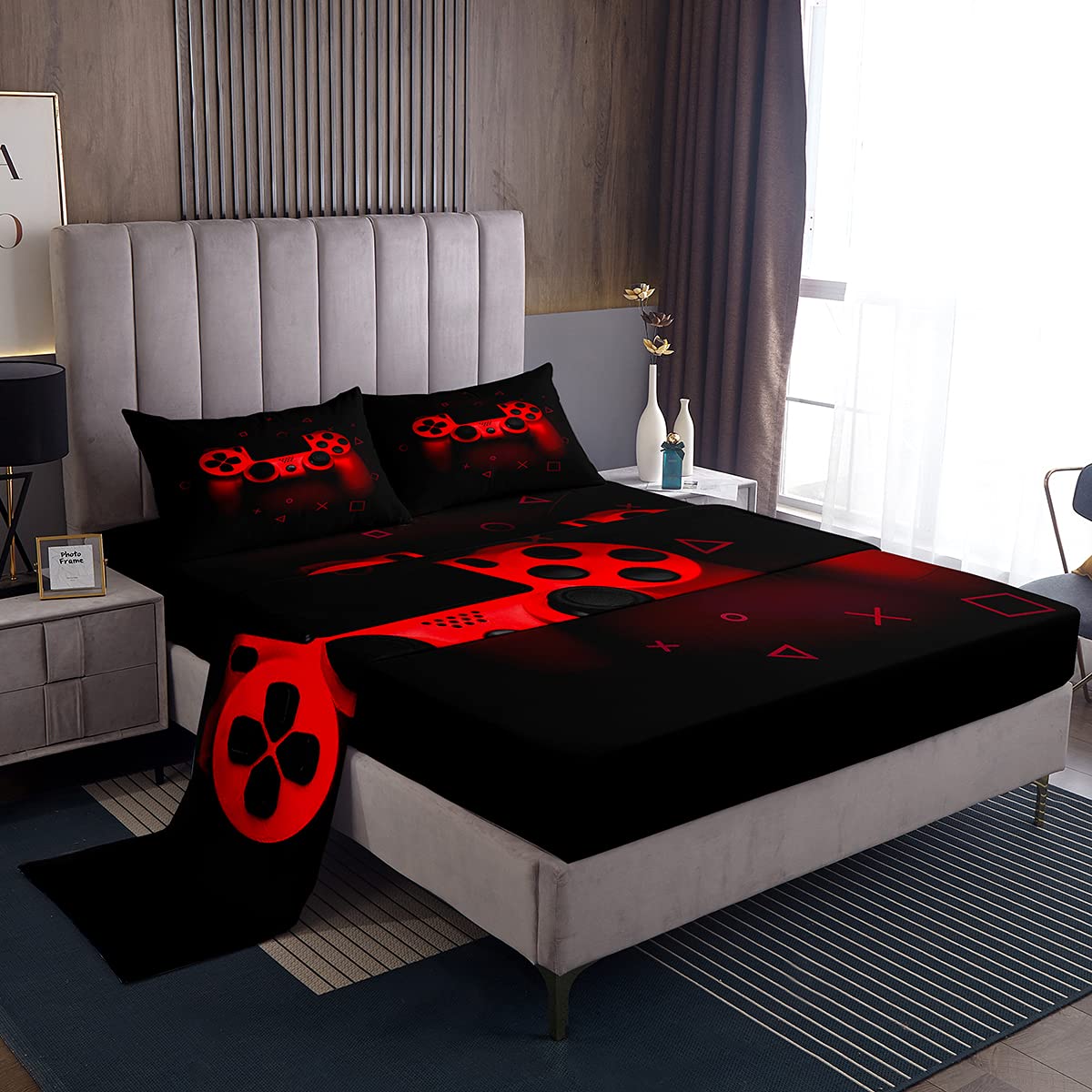 Cool Gaming Bedding Set for Boys & Girls - Twin Size Red Gamepad Printed Sheet Set with Fitted Sheet, Flat Sheet & Pillowcase - Perfect for Teen Game Room Decor, Video Game Themed Bedroom - Retro Black Design for Young Gamers