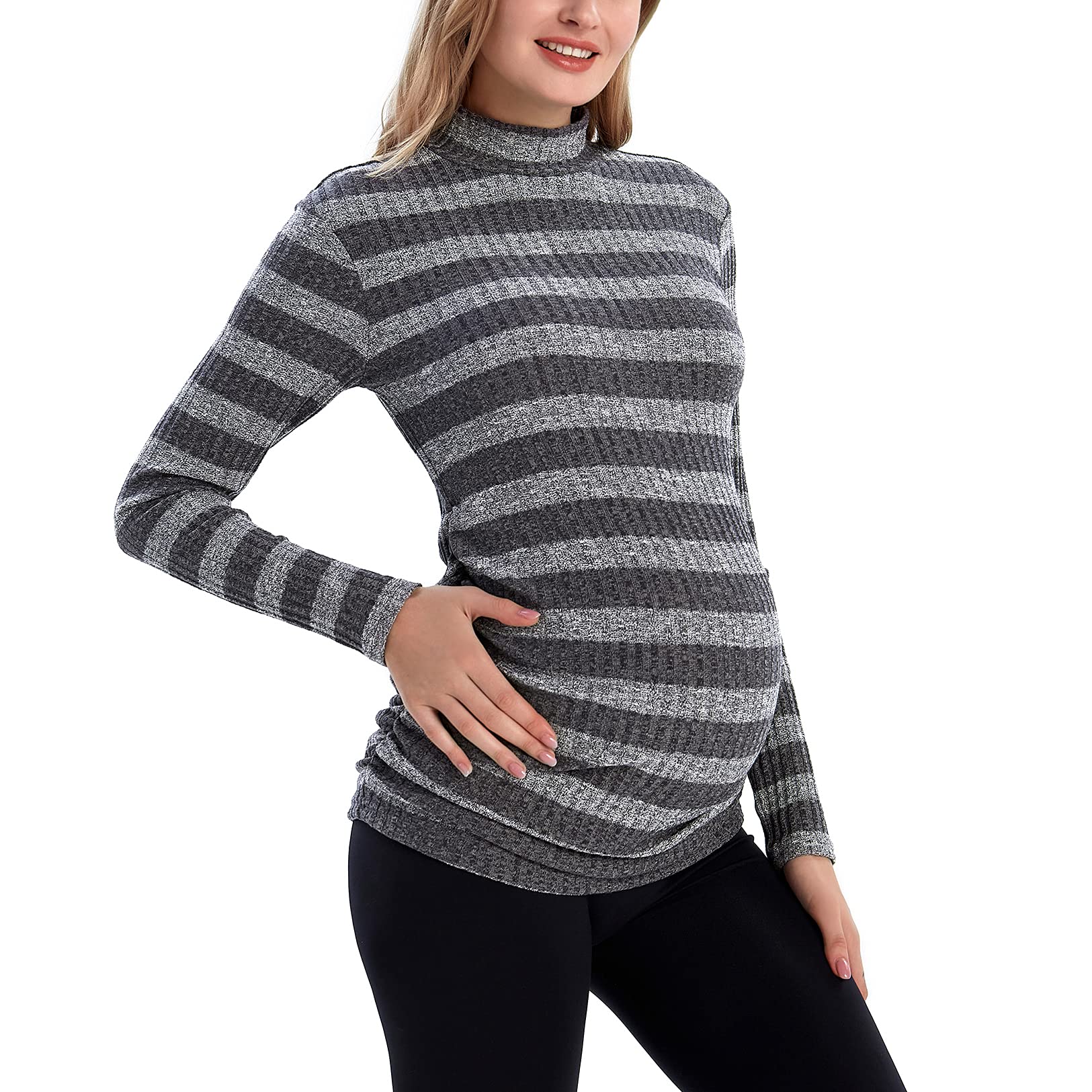 MOMOOD Women's Maternity Mock Neck Long Sleeve Pullover Sweater - Soft Stretchy Pregnancy Top for Work & Casual Wear | Nursing Friendly Comfort Clothes for Expecting Mothers