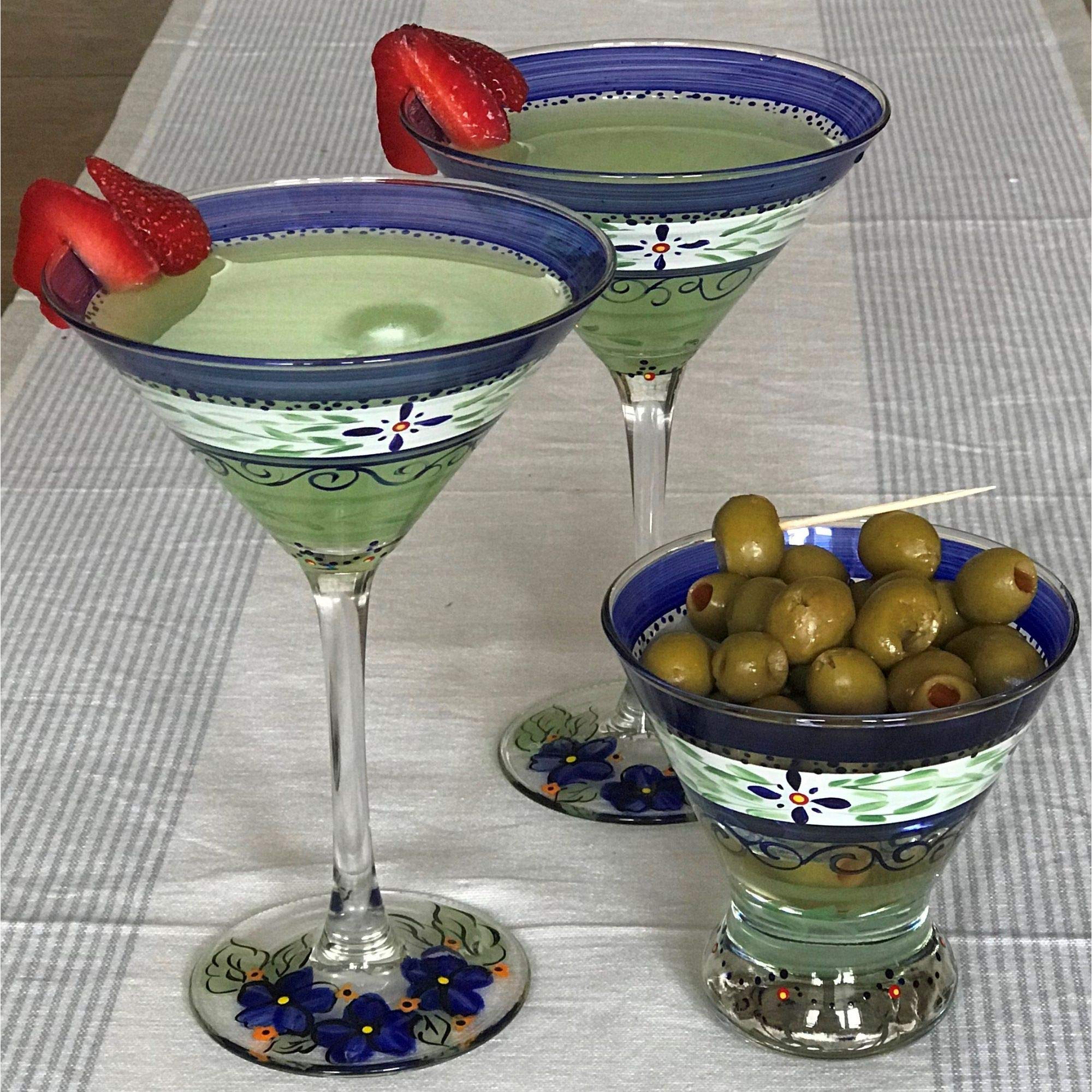 Set of 2 Blue Floral Hand Painted Cosmopolitan Wine and Dessert Glasses - 8.25 oz Elegant Glassware for Cocktail Parties, Bridal Showers & Home Decor