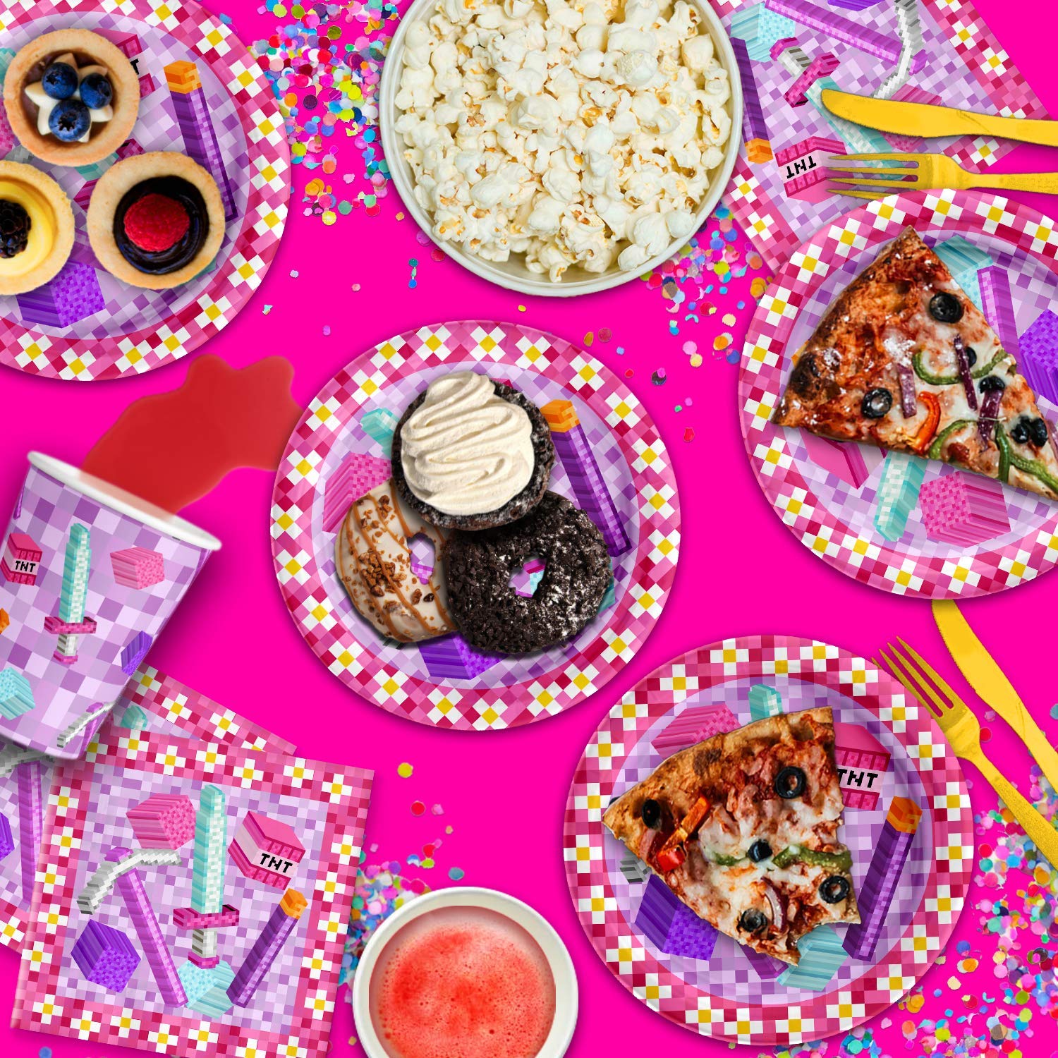 Girl's Pixel Mining Theme Birthday Party Supplies Set - 16-Piece Tableware Kit with Plates, Napkins & Cups - Perfect for Kids' Birthday Celebrations & Themed Parties