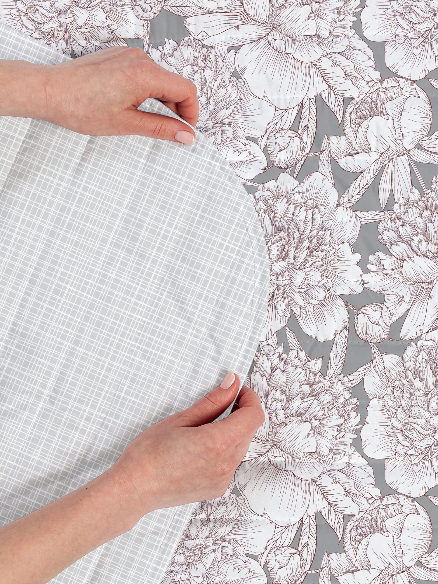 Ambesonne Floral Reversible King Size Bedspread Set with Pillow Shams - Hand Drawn Rose, Chamomile & Peonies Design on Taupe Grey Microfiber - Perfect for Master Bedroom, Guest Room & Bohemian Home Decor