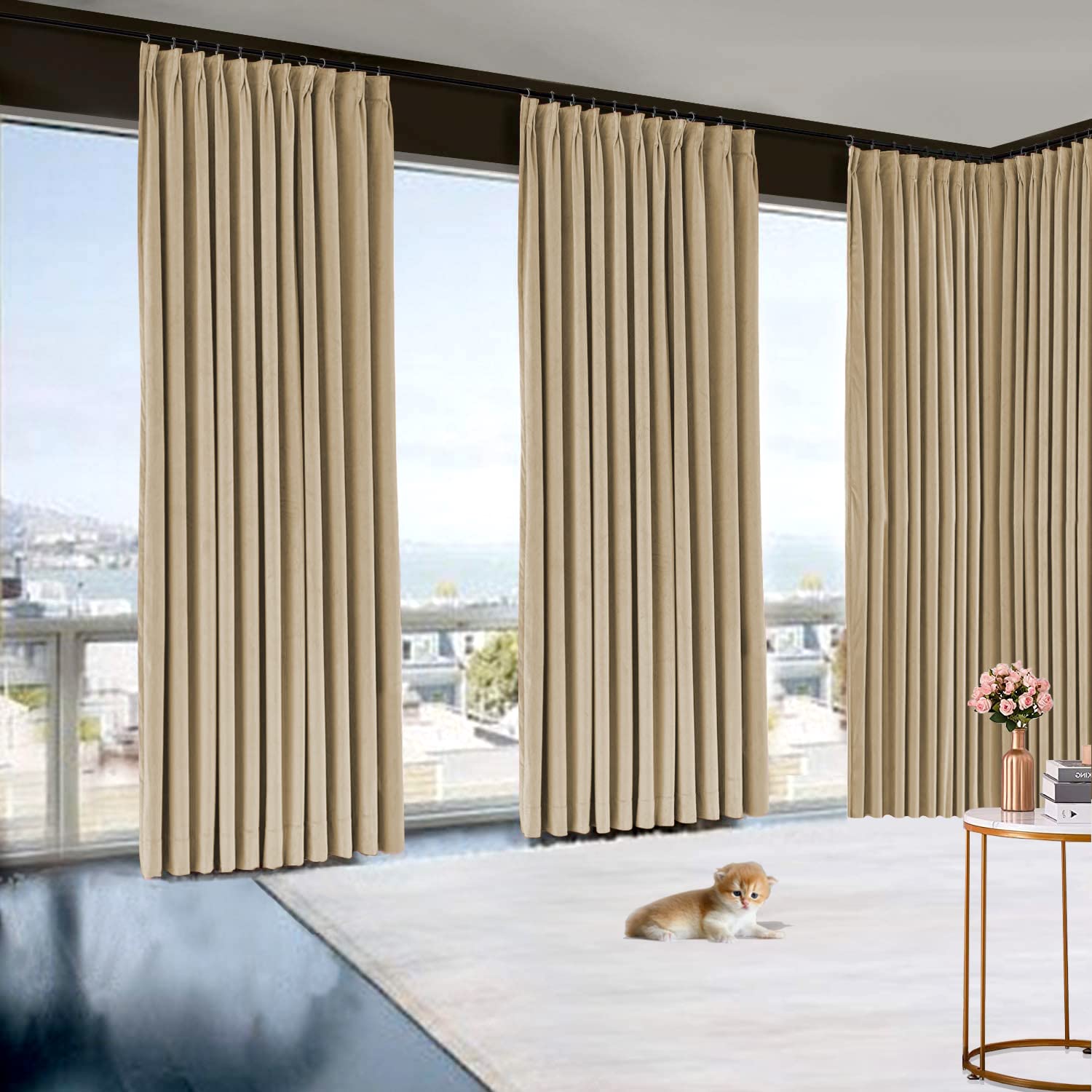 Double Pinch Pleat Blackout Curtains 60x216 Inches - Extra Long Solid Beige Drapes for 2 Story Windows, Theater, Office & Room Dividers - Thermal Insulated Polyester Fabric for Privacy & Light Control