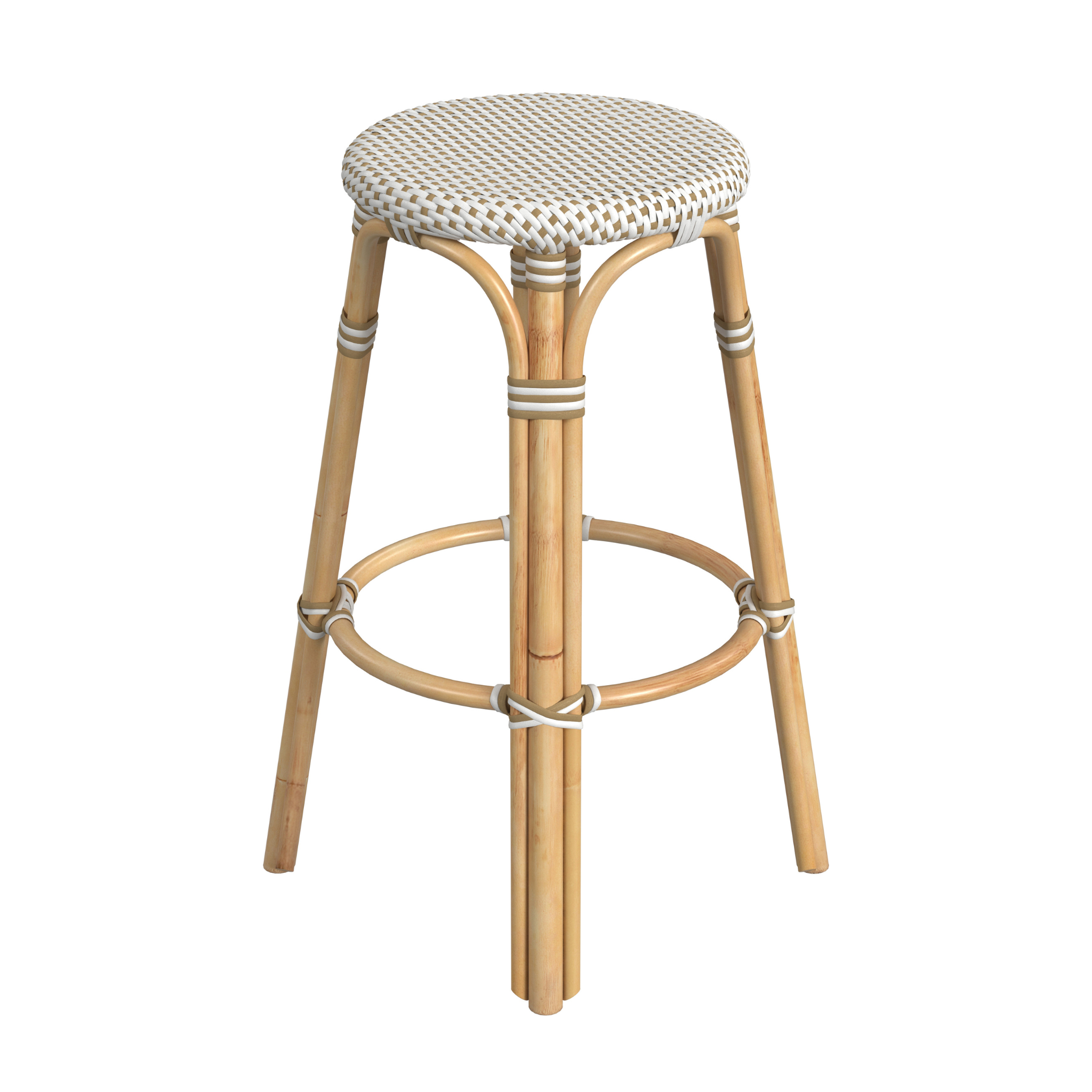 Beige and White Rattan Bar Stool - Natural Wicker Counter Height Stool with Cushion - Perfect for Kitchen Island, Breakfast Nook & Home Bar Decor