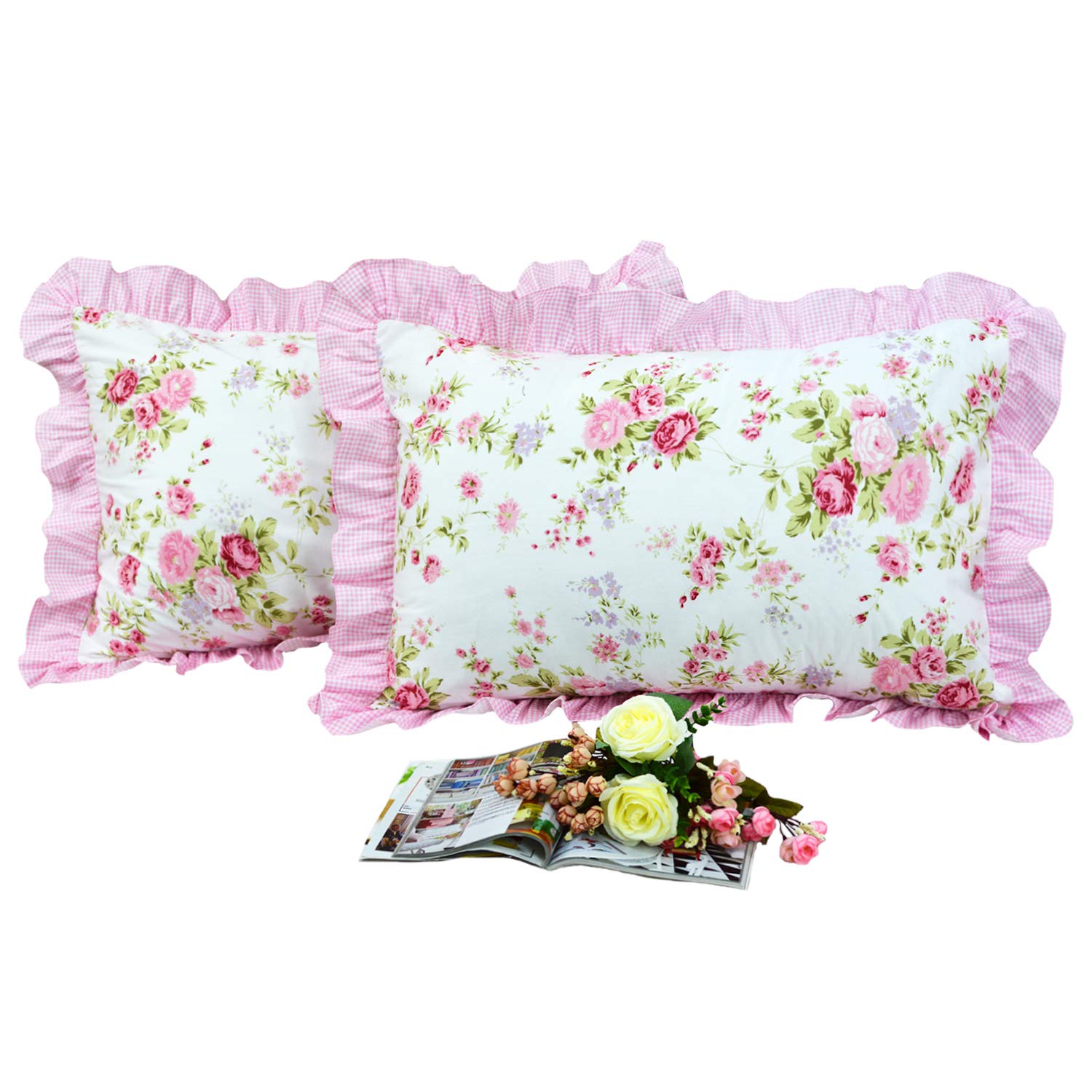 FADFAY Shabby Chic Pink Duvet Cover Set with Rose Floral Pattern - Elegant Princess Lace Ruffle Bedding Collection - 4 Piece Twin Size Quilt Cover for Girls - Perfect for Teen Bedrooms, Princess Themed Decor & Cozy Sleepovers