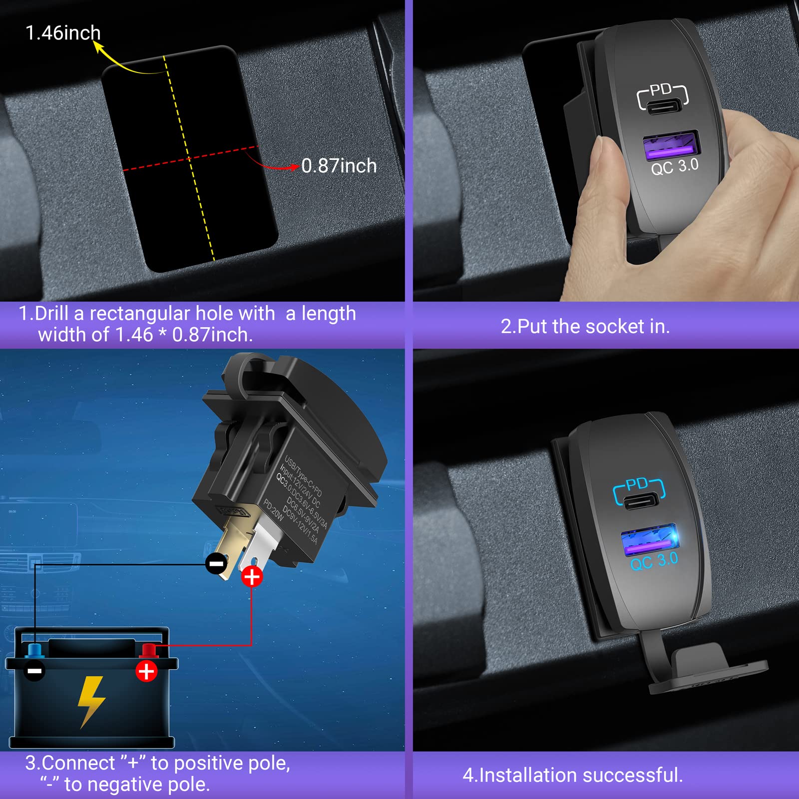 18W Quick Charge 3.0 & PD 20W USB Rocker Switch Charger with LED - Fast Charging for RV, Boat, Marine, Truck, UTV - Perfect for Road Trips & Outdoor Adventures