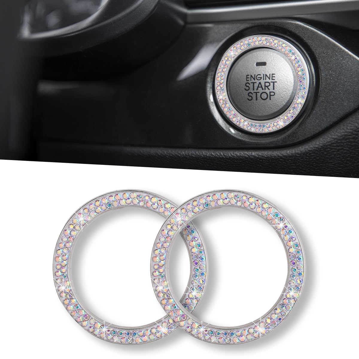2PCS Crystal Rhinestone Car Engine Start Stop Button Cover Stickers - Bling Key Ignition Knob Decals for Women - Luxury Car Interior Accessories for Sedan, SUV & Sports Cars