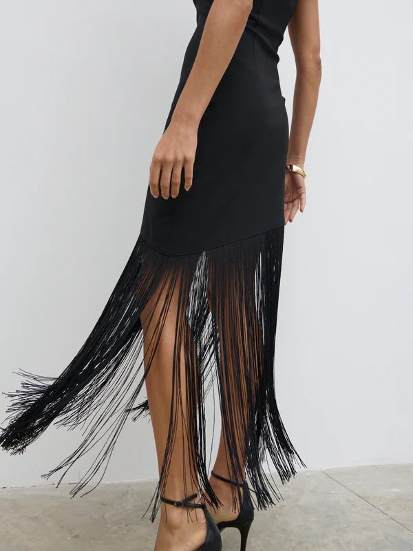 Eliana Bandeau Asymmetric Fringed Dress - Black | Women's Boho Chic Party Outfit for Summer Beach & Night Events