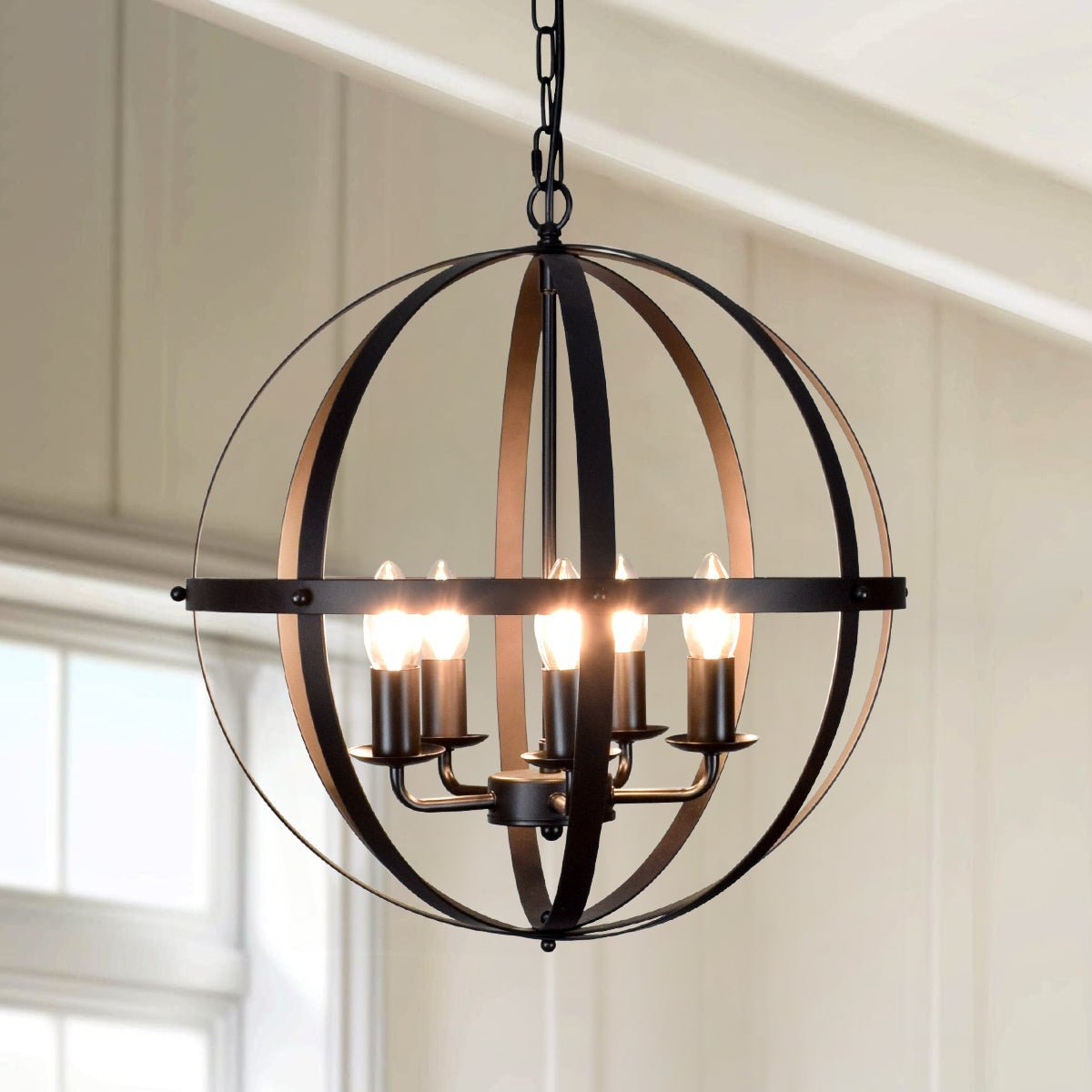 Depuley Rustic 5-Light Globe Chandelier - Adjustable Hanging Pendant Light Fixture with Spherical Metal Shade for Kitchen, Dining Room, Living Room, Hallway & Entryway (Burnished Gold/Matte Black) - Perfect for Farmhouse, Industrial & Modern Home Decor