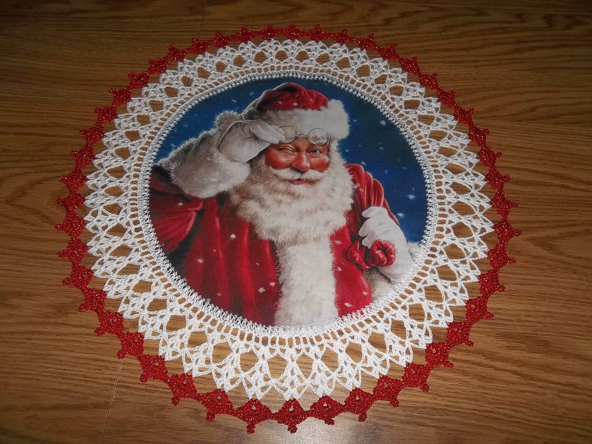 Handmade Crochet Christmas Doily Santa Table Topper - 18 Inch Round Holiday Table Decoration for Christmas Dinner, Party Centerpiece & Festive Home Decor