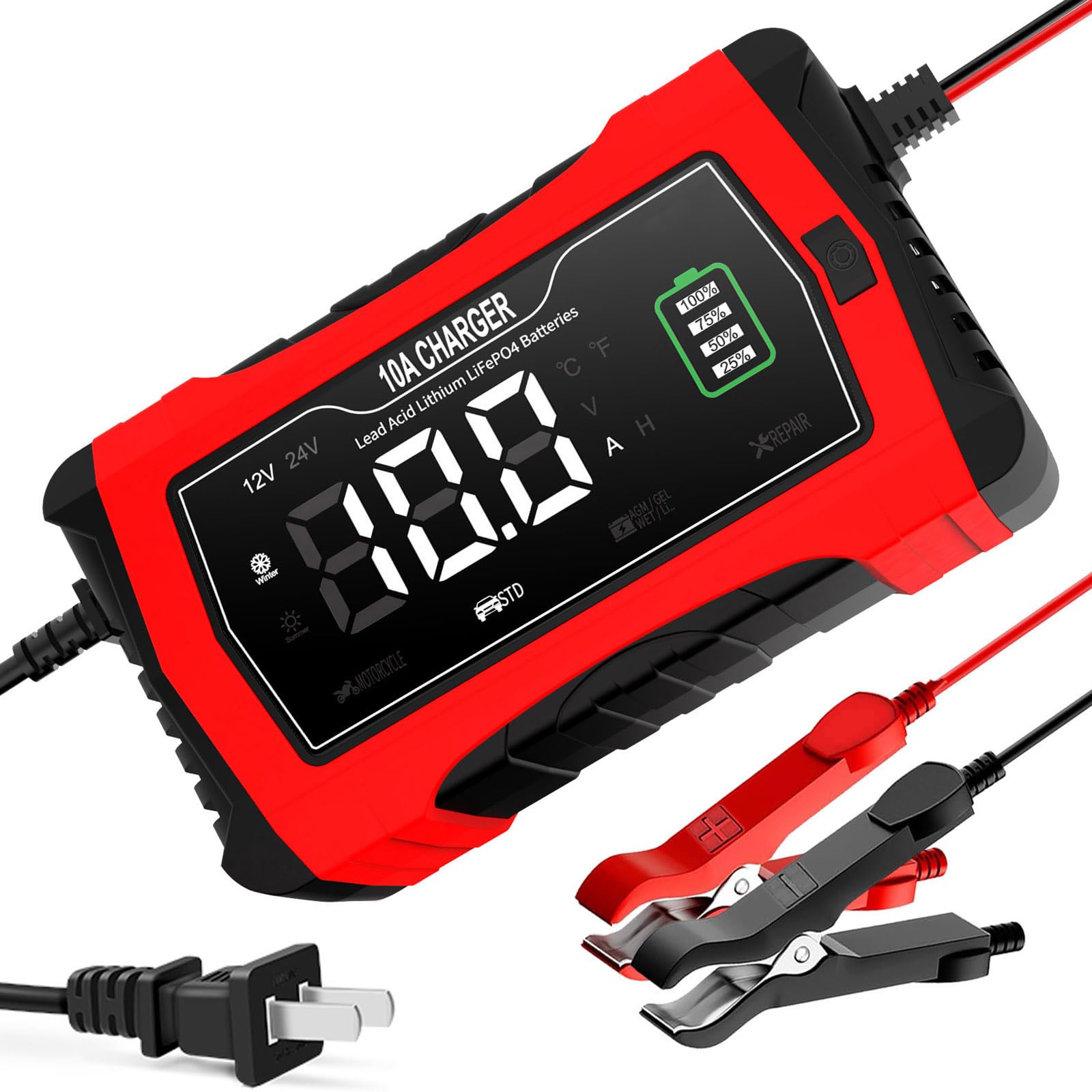 10-Amp 12V/24V Smart Car Battery Charger & Maintainer - Trickle Charger for Automotive, SUV, Motorcycle, Boat - Compatible with Lead-Acid, Lithium & LiFePO4 Batteries - Perfect for Winter Storage & Long-Term Vehicle Maintenance