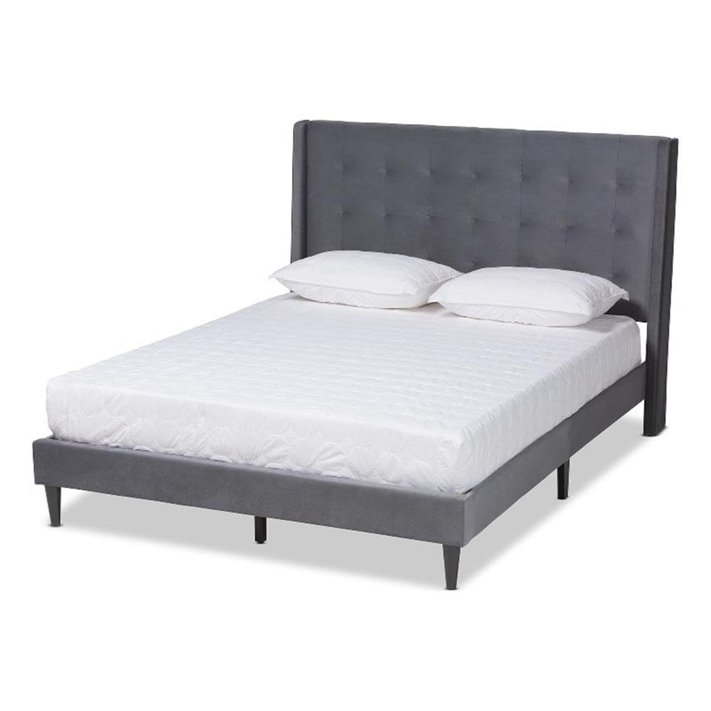 Baxton Studio Gothard Modern Queen Size Platform Bed - Grey Velvet Upholstery with Dark Brown Wood Frame | Perfect for Contemporary Bedrooms & Guest Rooms
