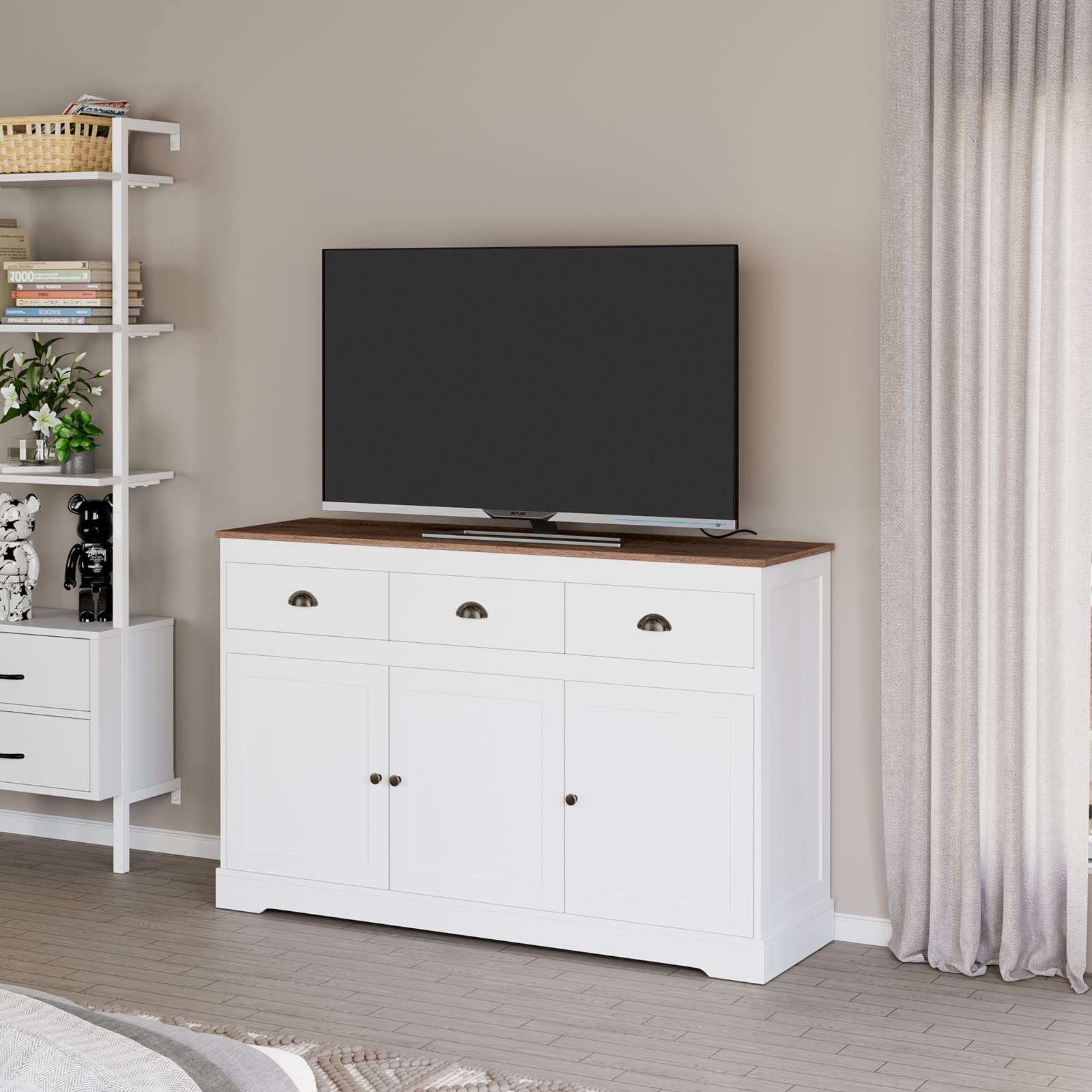 Farmhouse Style White Buffet Cabinet with 3 Drawers & 3 Doors - Adjustable Shelves Storage Sideboard for Dining Room, Living Room & Kitchen - Wine Bar Cabinet, Server Console & Cupboard Organizer - Perfect for Entertaining, Storage & Home Decor